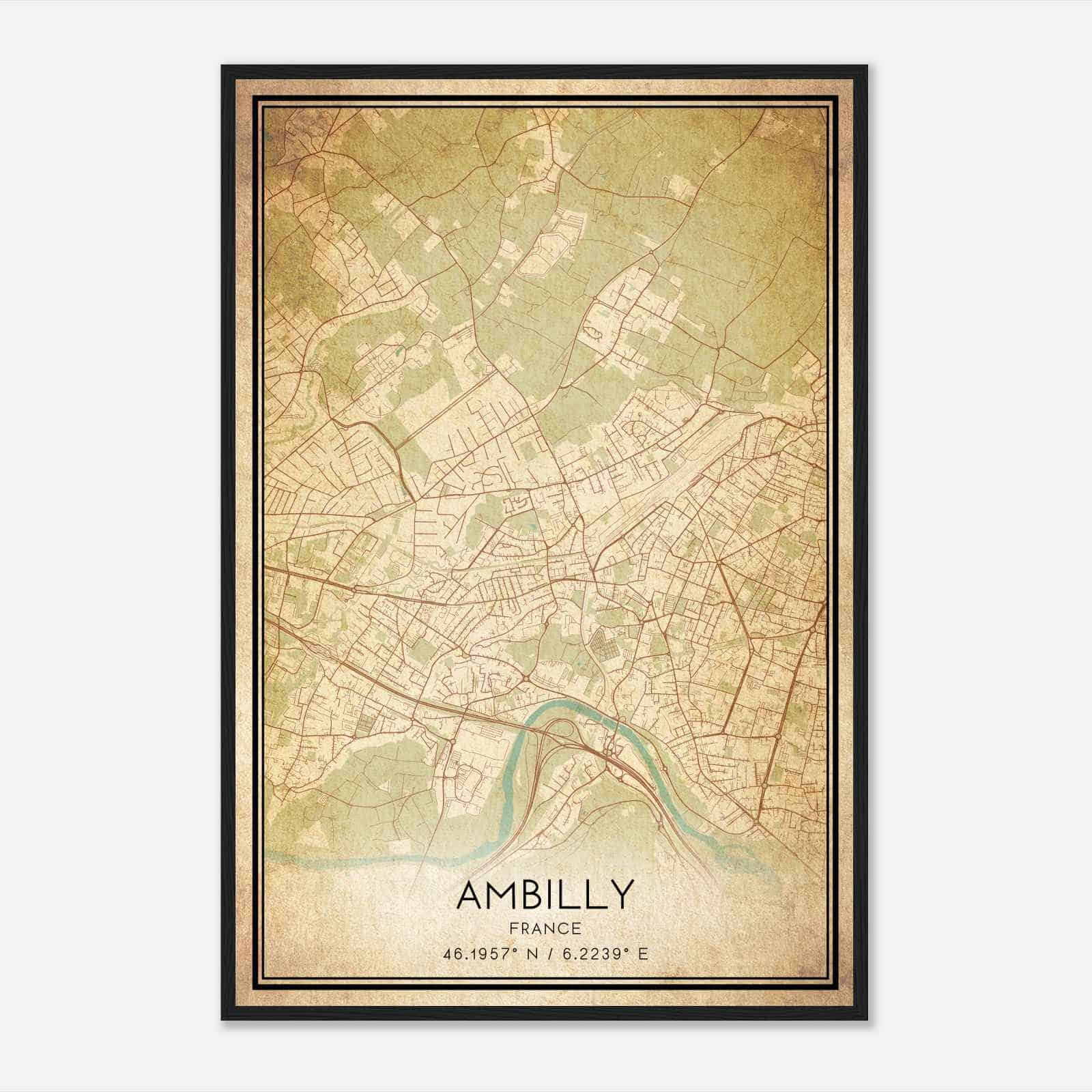 Vintage Ambilly France Map Poster, Ambilly City Road Wall Art Print