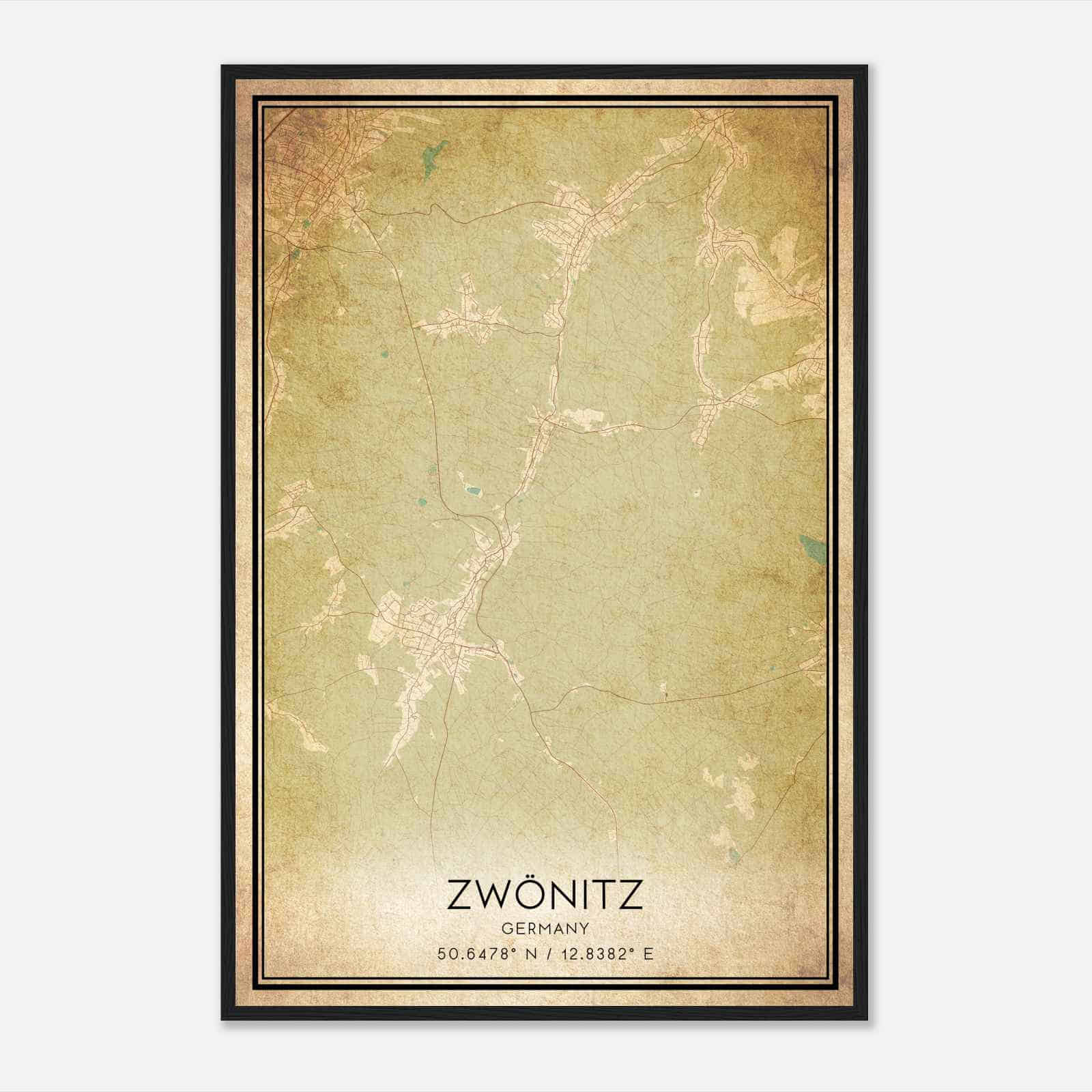 Vintage Zwonitz Germany Map Poster, Zwonitz City Road Wall Art Print