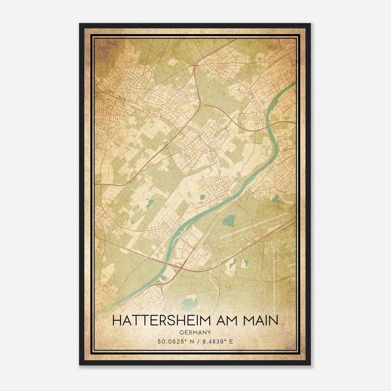Vintage Hattersheim Germany Map Poster, Hattersheim City Road Wall Art Print