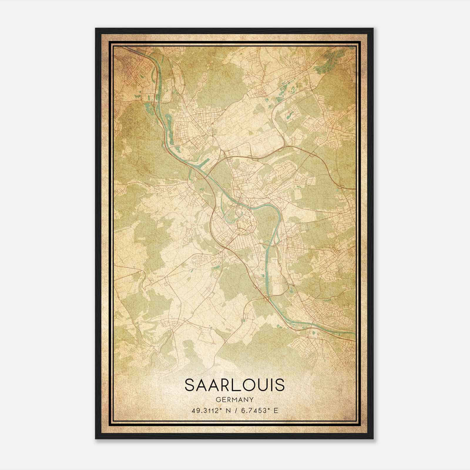 Vintage Saarlouis Germany Map Poster, Saarlouis City Road Wall Art Print