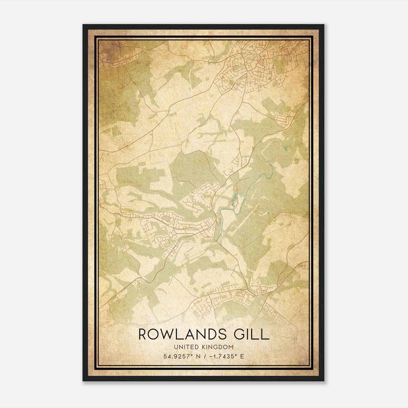 Vintage Rowlands Gill United Kingdom Map Poster, Rowlands Gill City Road Wall Art Print