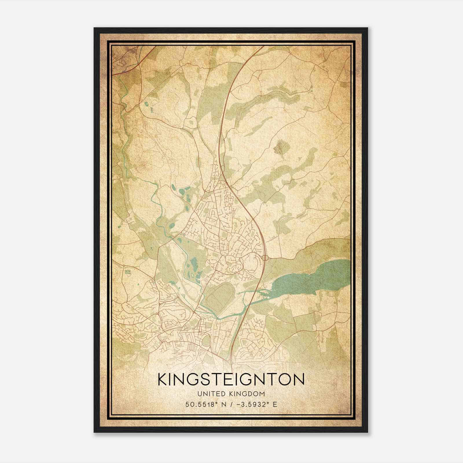 Vintage Kingsteignton United Kingdom Map Poster, Kingsteignton City Road Wall Art Print