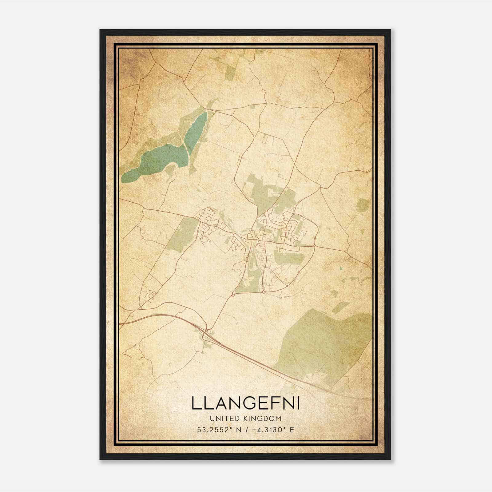 Vintage Llangefni United Kingdom Map Poster, Llangefni City Road Wall Art Print