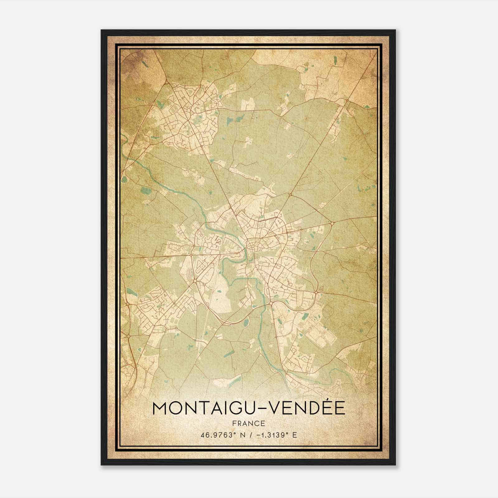 Vintage Montaigu France Map Poster, Montaigu City Road Wall Art Print