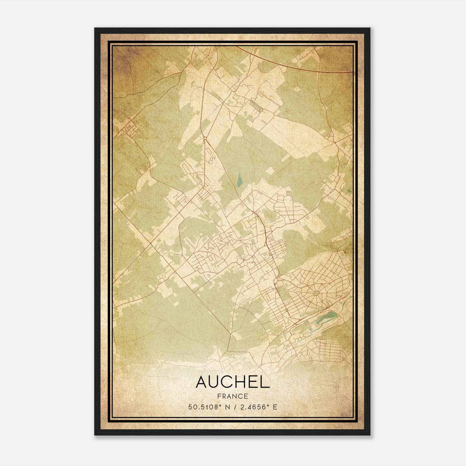 Vintage Auchel France Map Poster, Auchel City Road Wall Art Print