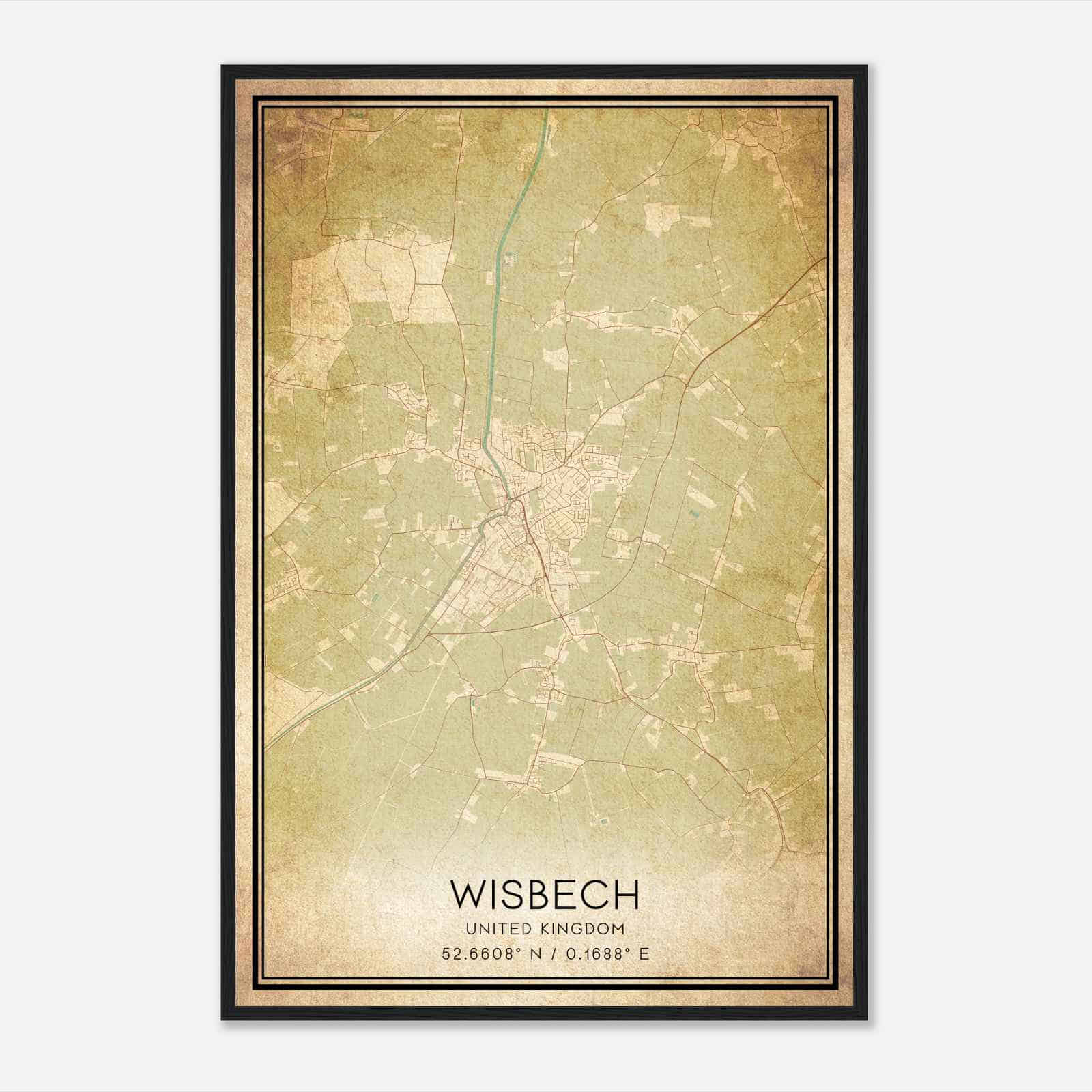 Vintage Wisbech United Kingdom Map Poster, Wisbech City Road Wall Art Print