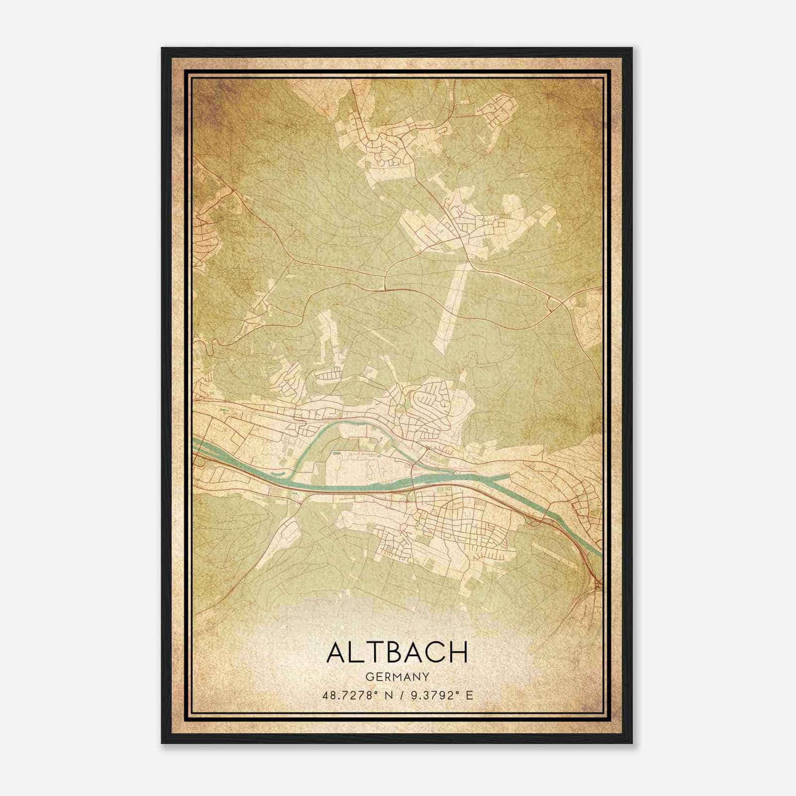 Vintage Altbach Germany Map Poster, Altbach City Road Wall Art Print