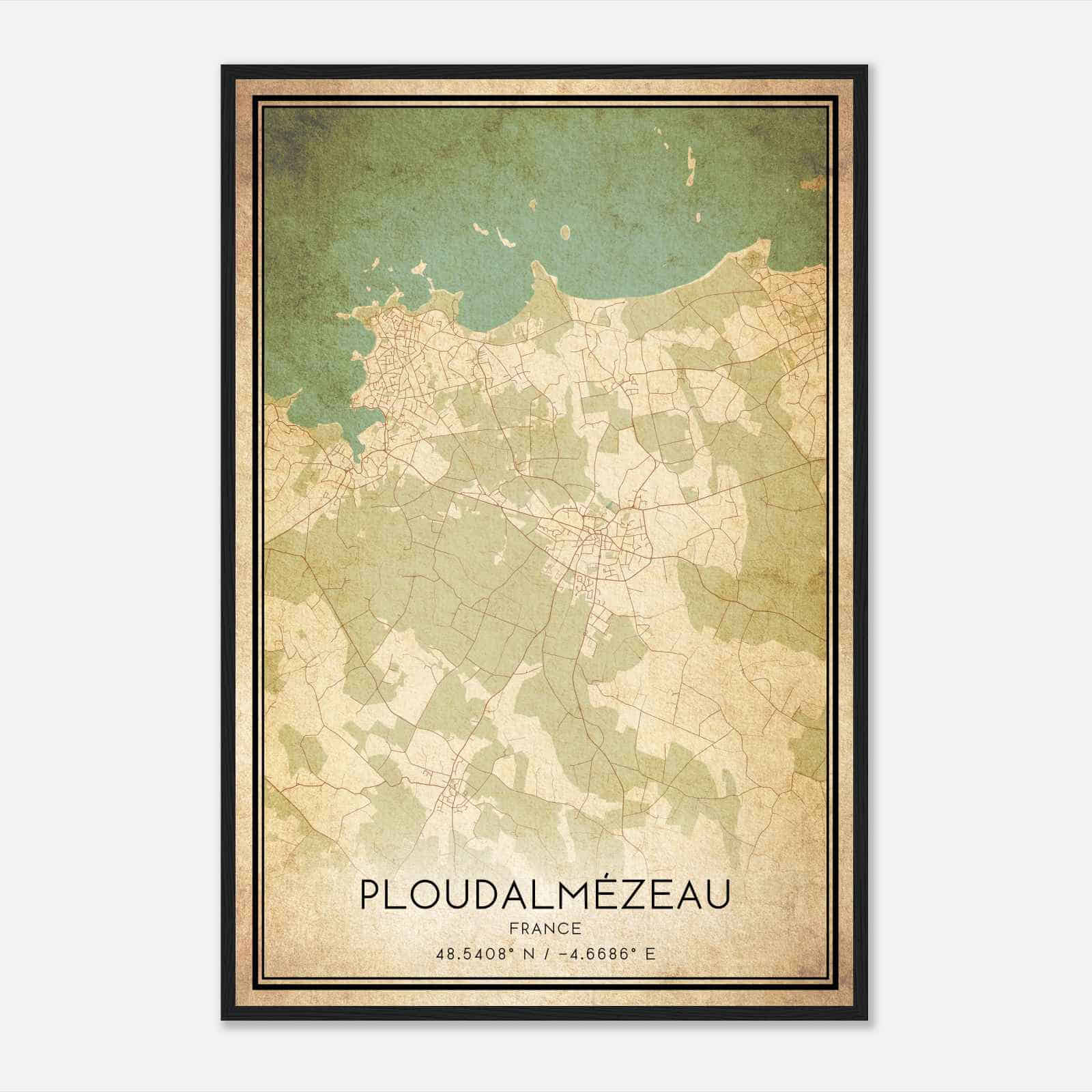 Vintage Ploudalmezeau France Map Poster, Ploudalmezeau City Road Wall Art Print