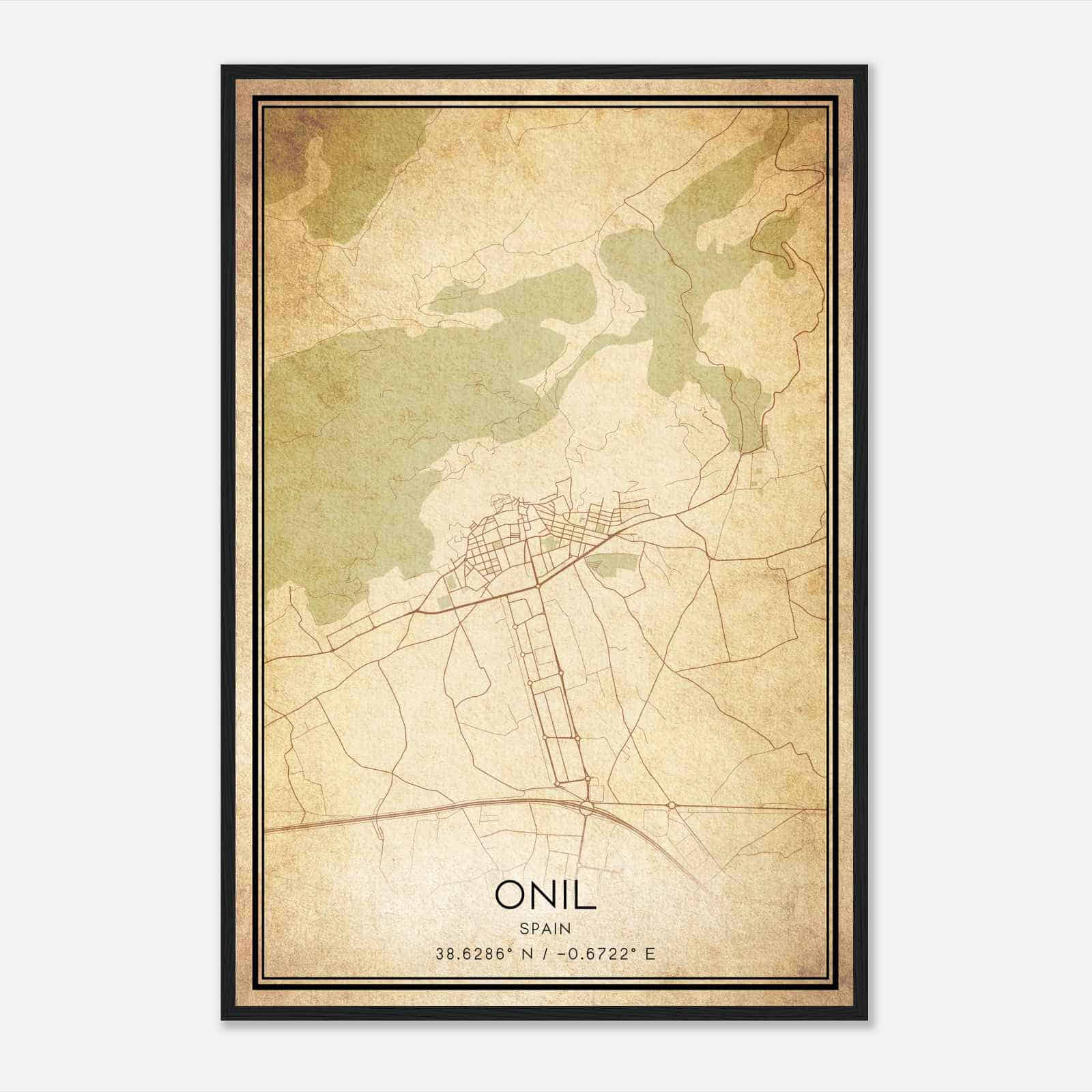 Vintage Onil Spain Map Poster, Onil City Road Wall Art Print