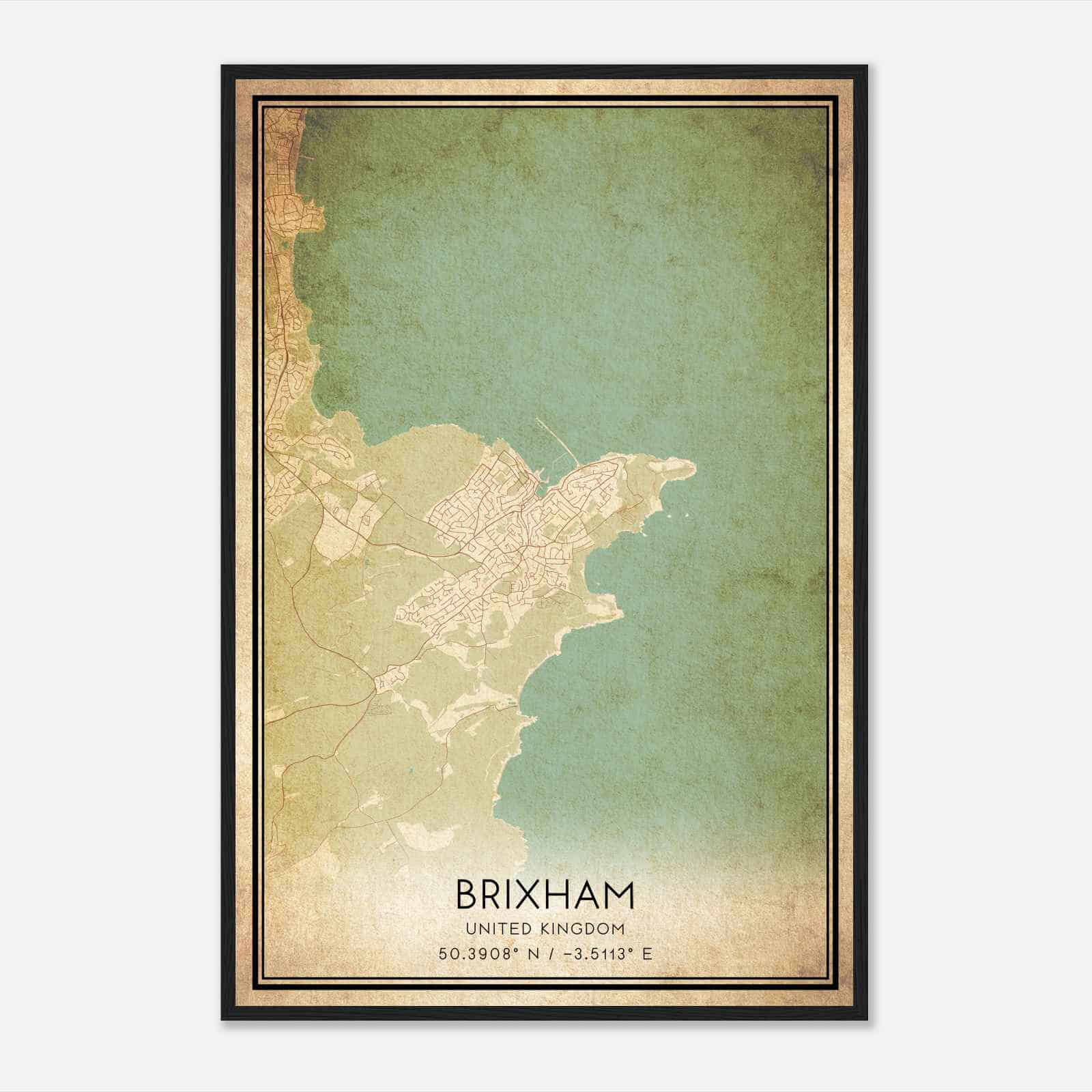 Vintage Brixham United Kingdom Map Poster, Brixham City Road Wall Art Print