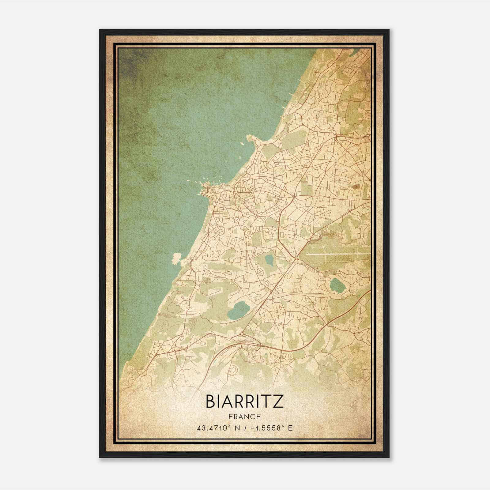 Vintage Biarritz France Map Poster, Biarritz City Road Wall Art Print