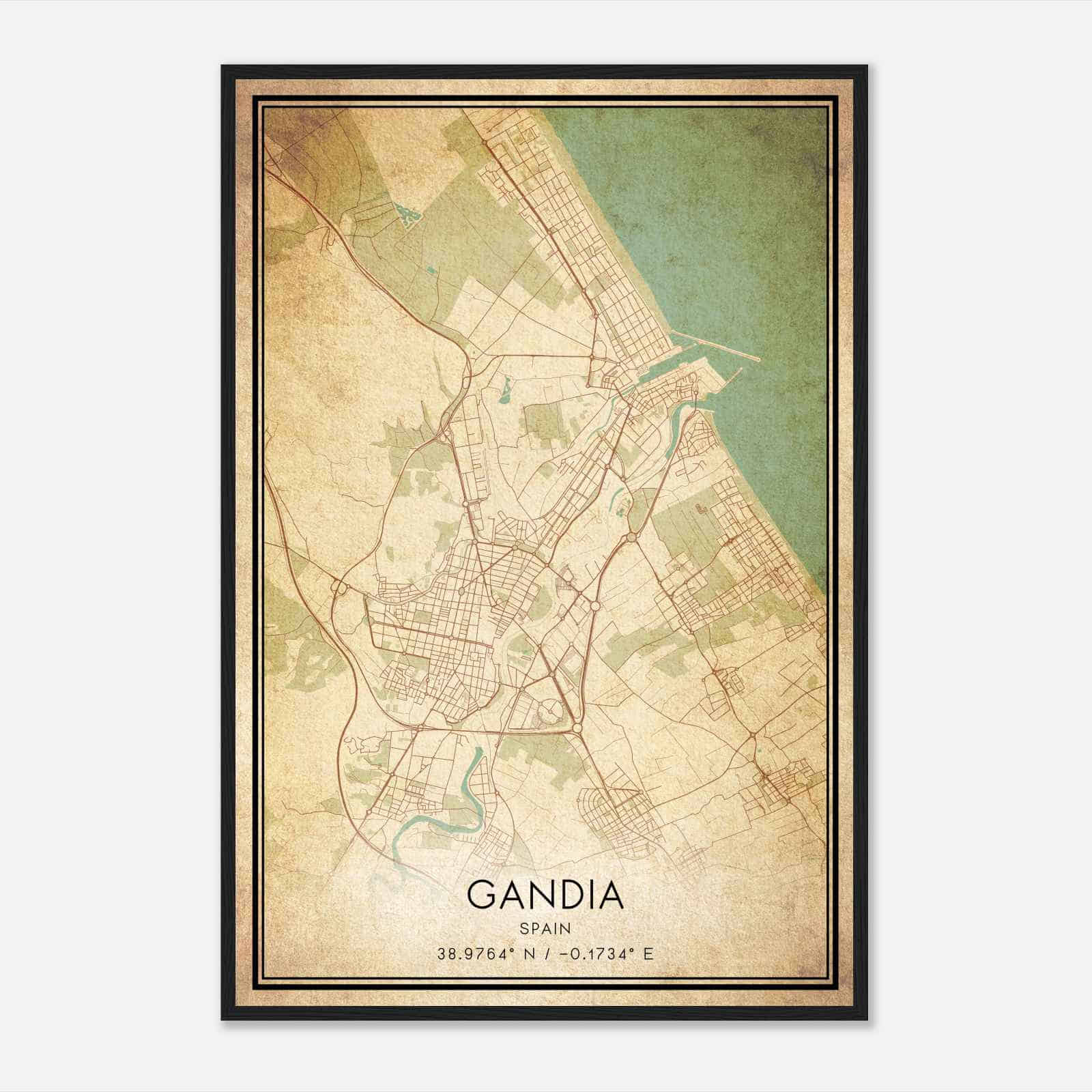 Vintage Gandia Spain Map Poster, Gandia City Road Wall Art Print