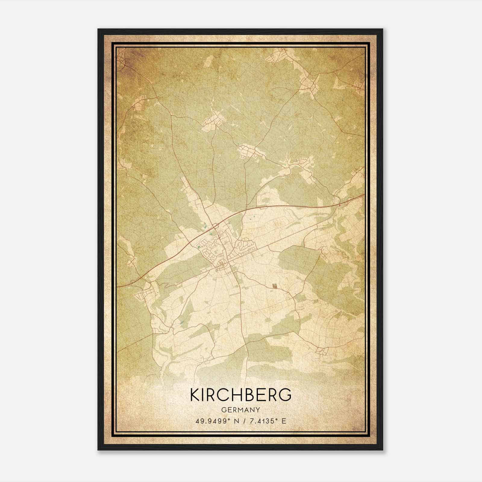 Vintage Kirchberg Germany Map Poster, Kirchberg City Road Wall Art Print