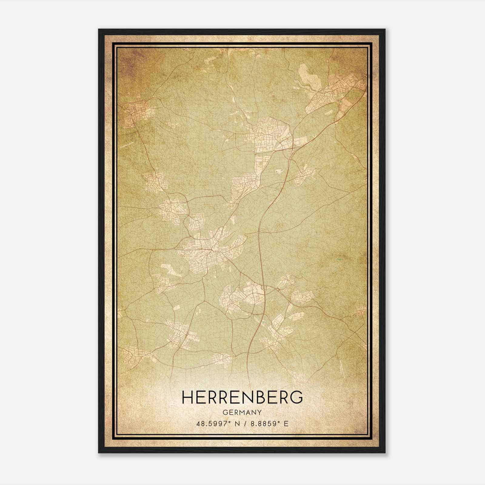 Vintage Herrenberg Germany Map Poster, Herrenberg City Road Wall Art Print