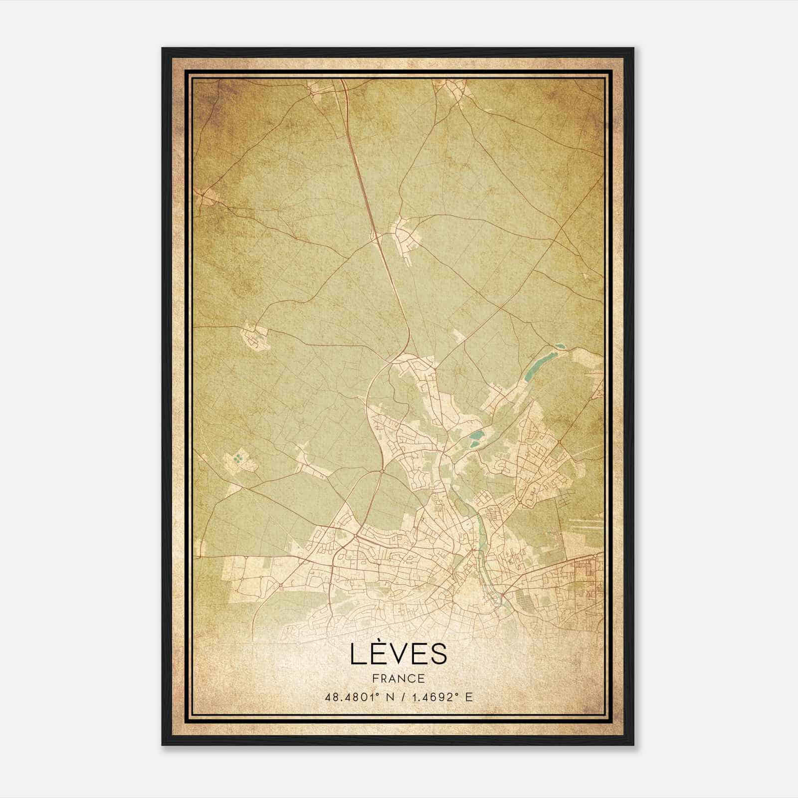 Vintage Leves France Map Poster, Leves City Road Wall Art Print
