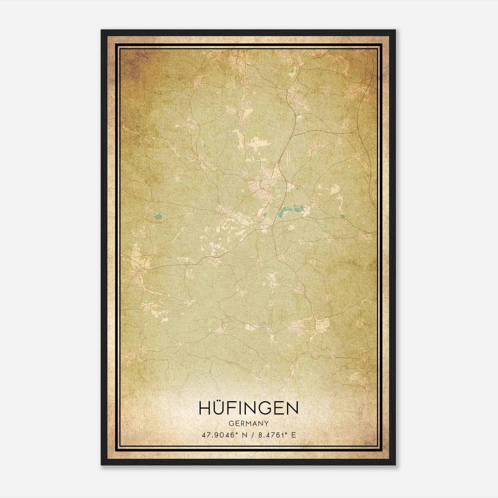 Vintage Hufingen Germany Map Poster, Hufingen City Road Wall Art Print