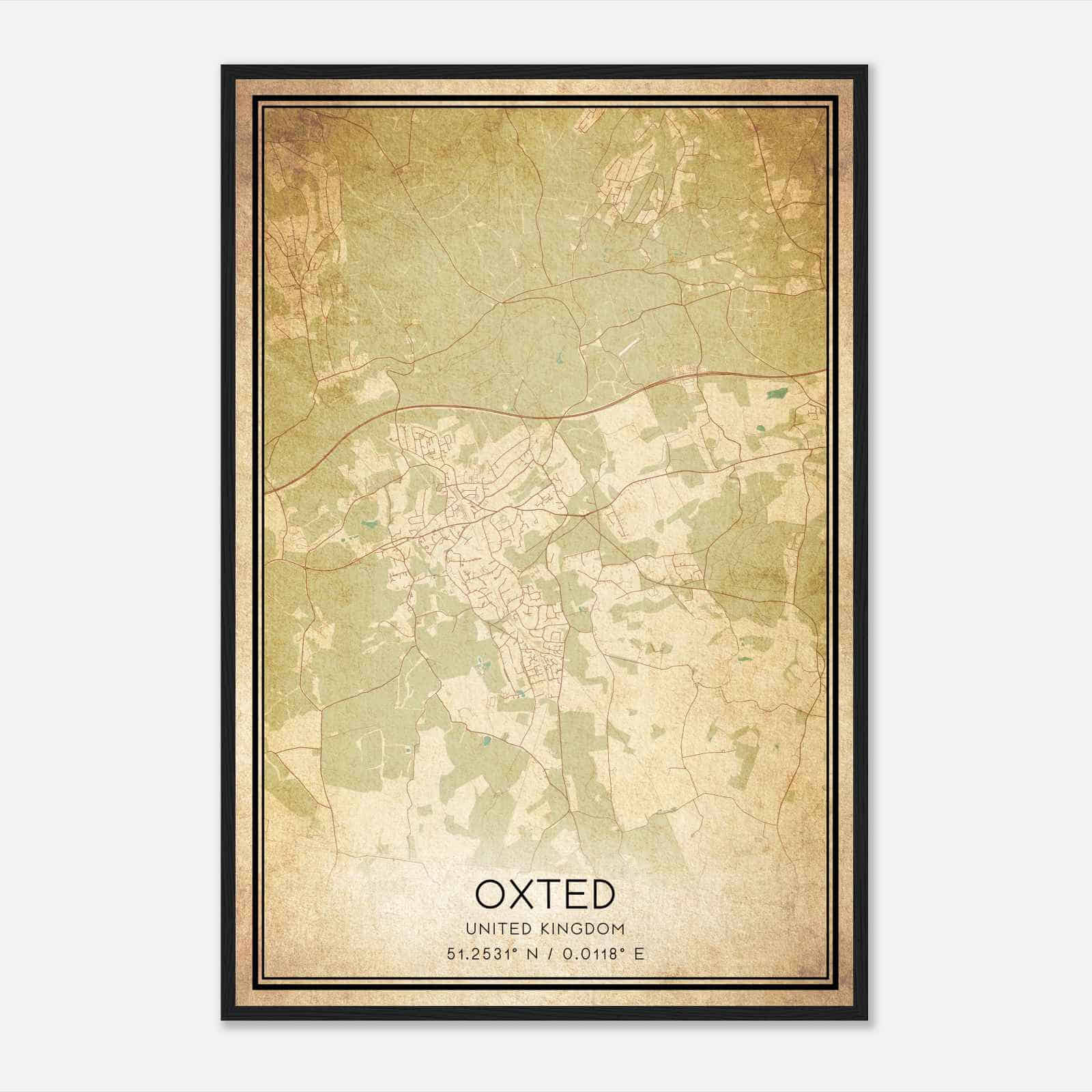Vintage Oxted United Kingdom Map Poster, Oxted City Road Wall Art Print