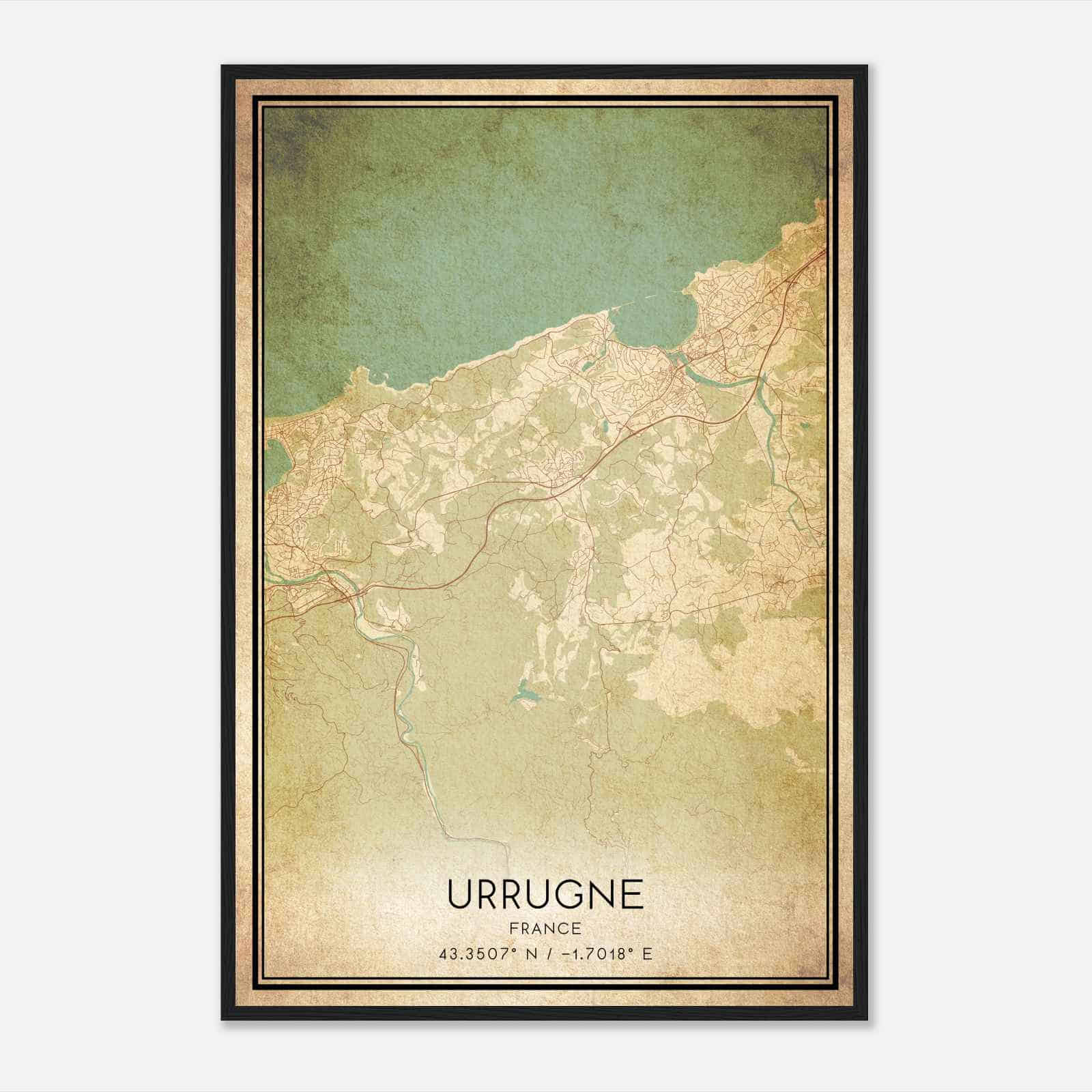 Vintage Urrugne France Map Poster, Urrugne City Road Wall Art Print