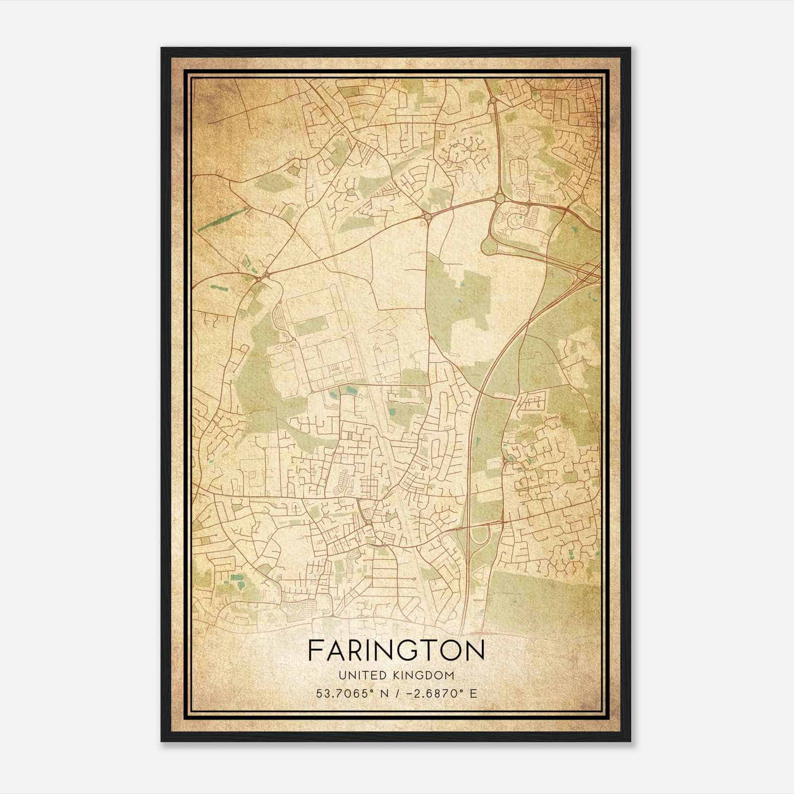 Vintage Farington United Kingdom Map Poster, Farington City Road Wall Art Print