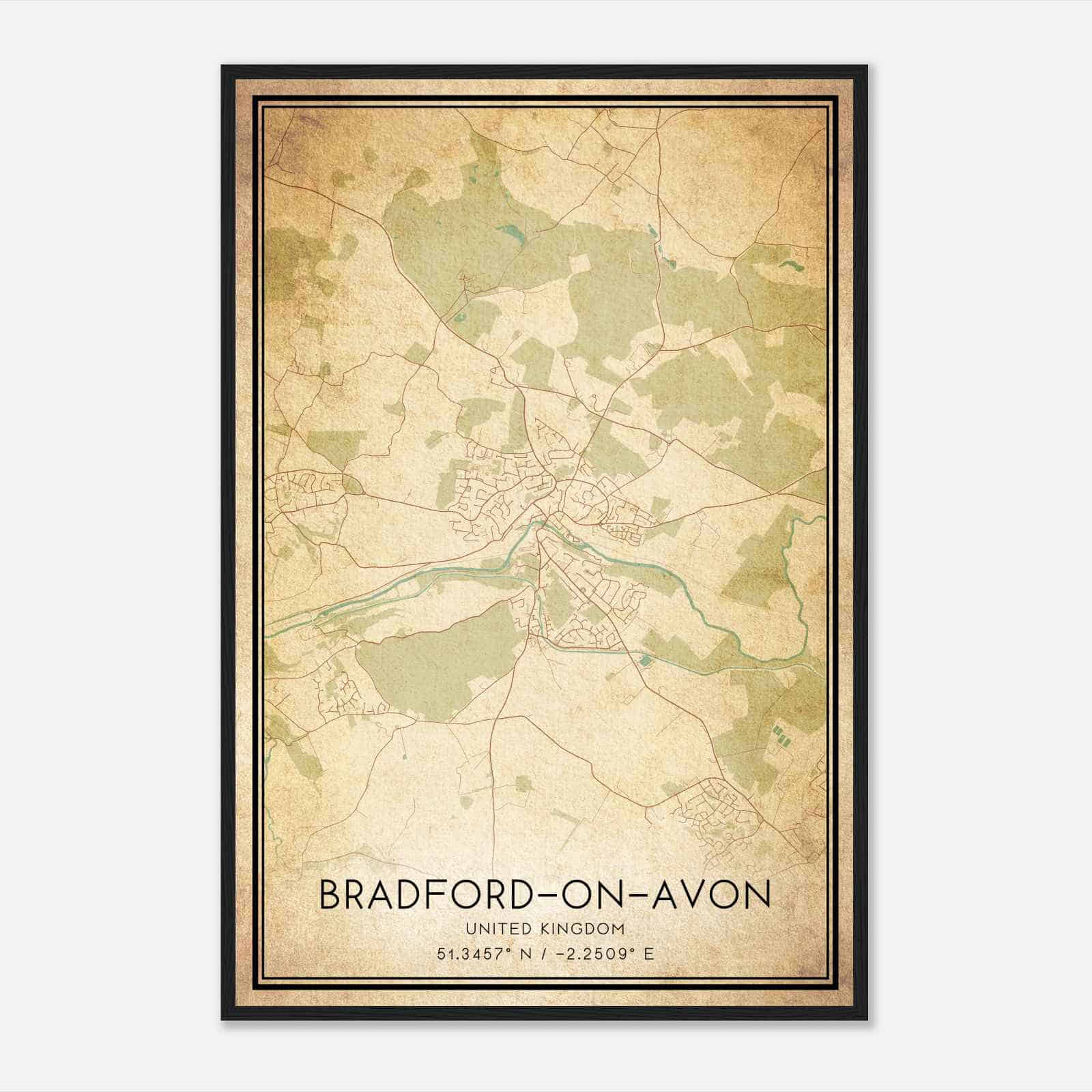 Vintage Bradford-on-Avon United Kingdom Map Poster, Bradford-on-Avon City Road Wall Art Print