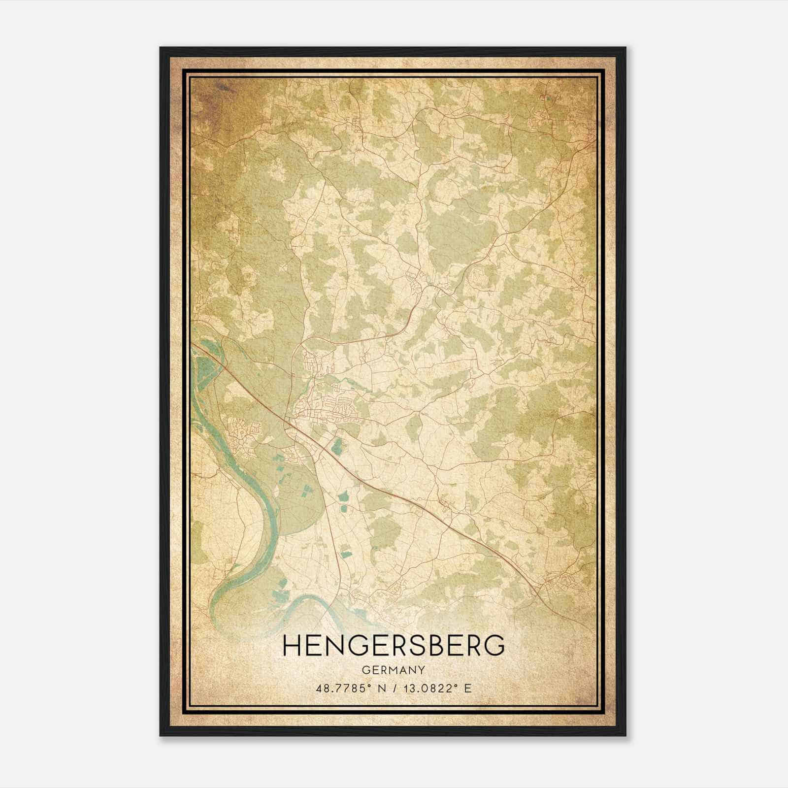 Vintage Hengersberg Germany Map Poster, Hengersberg City Road Wall Art Print