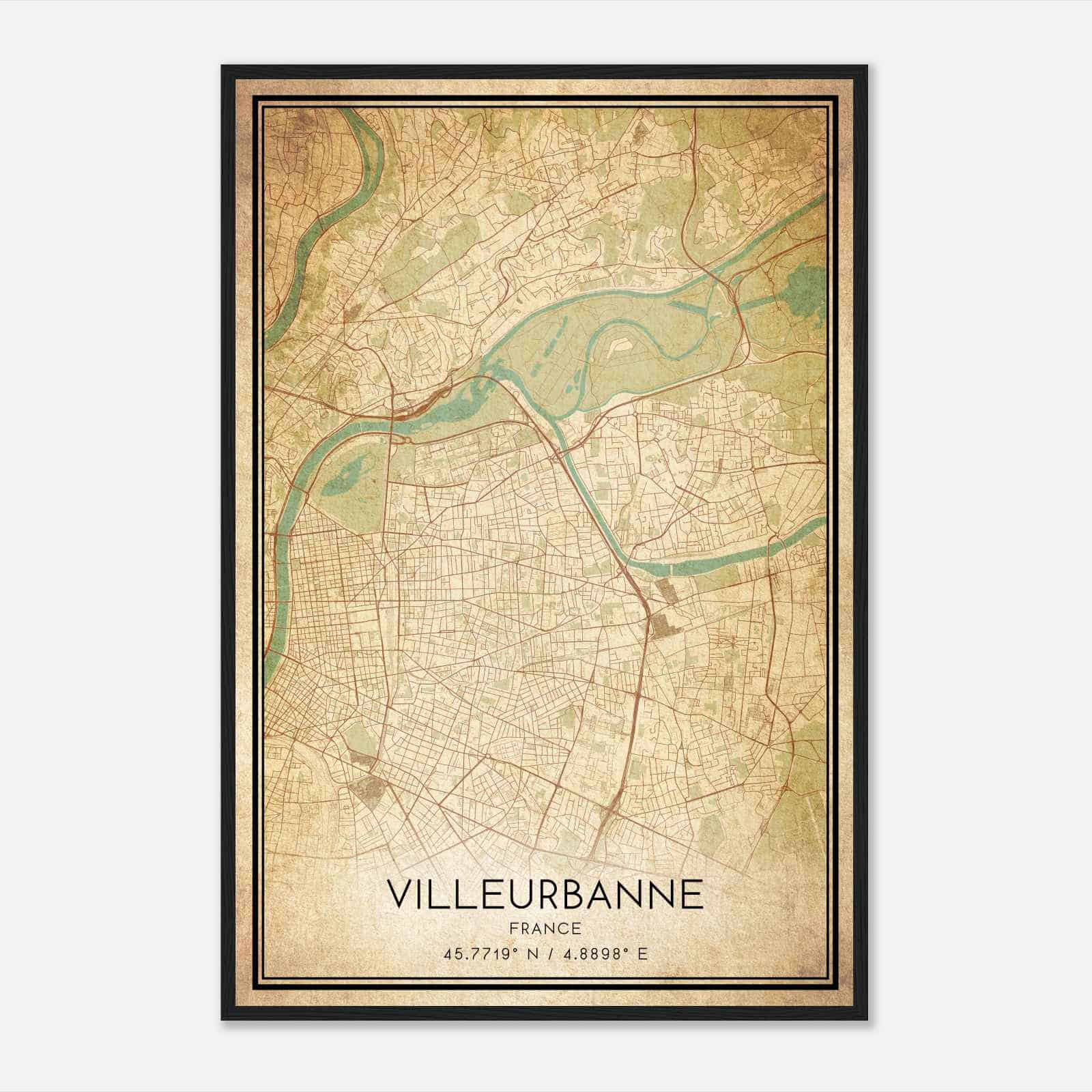 Vintage Villeurbanne France Map Poster, Villeurbanne City Road Wall Art Print