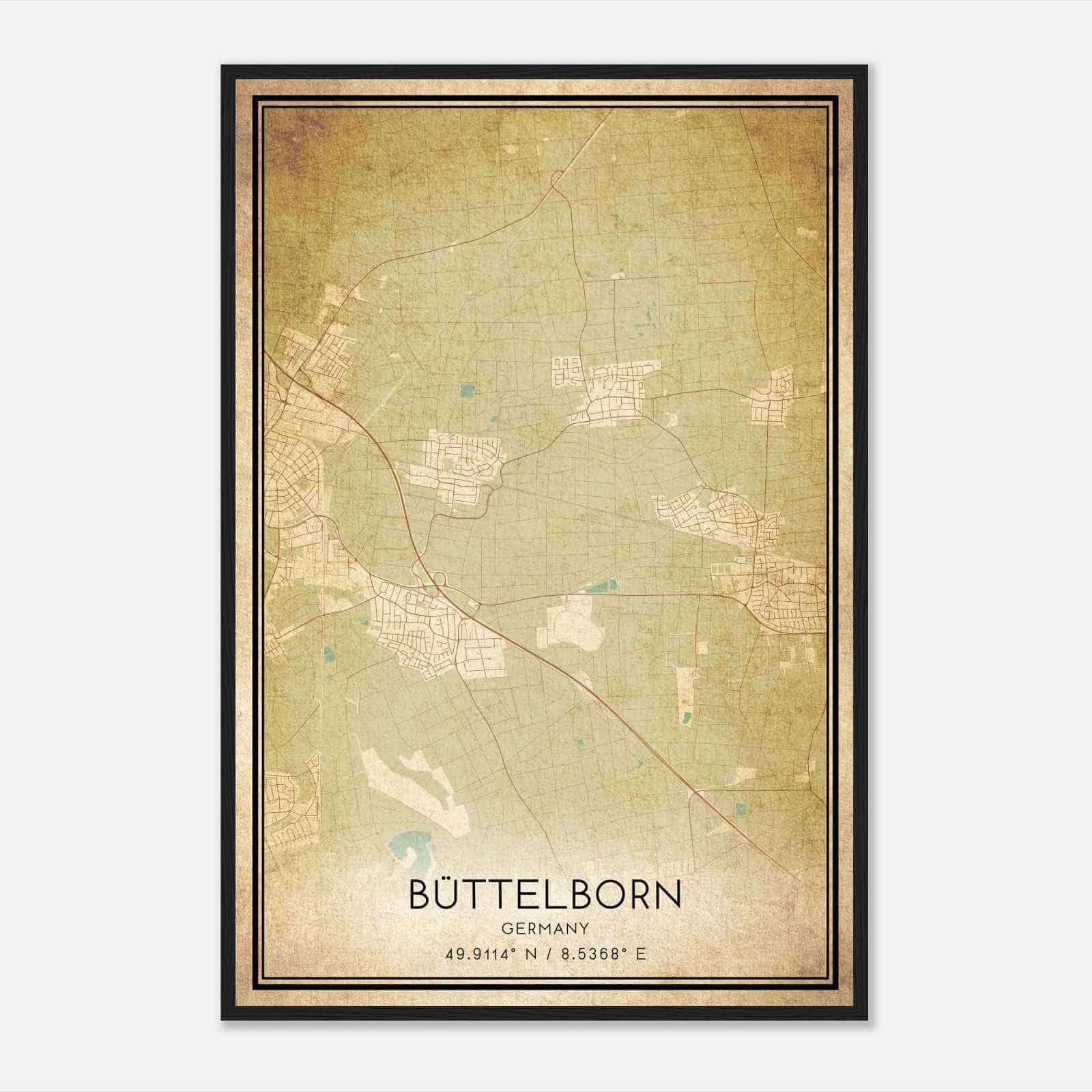 Vintage Buttelborn Germany Map Poster, Buttelborn City Road Wall Art Print