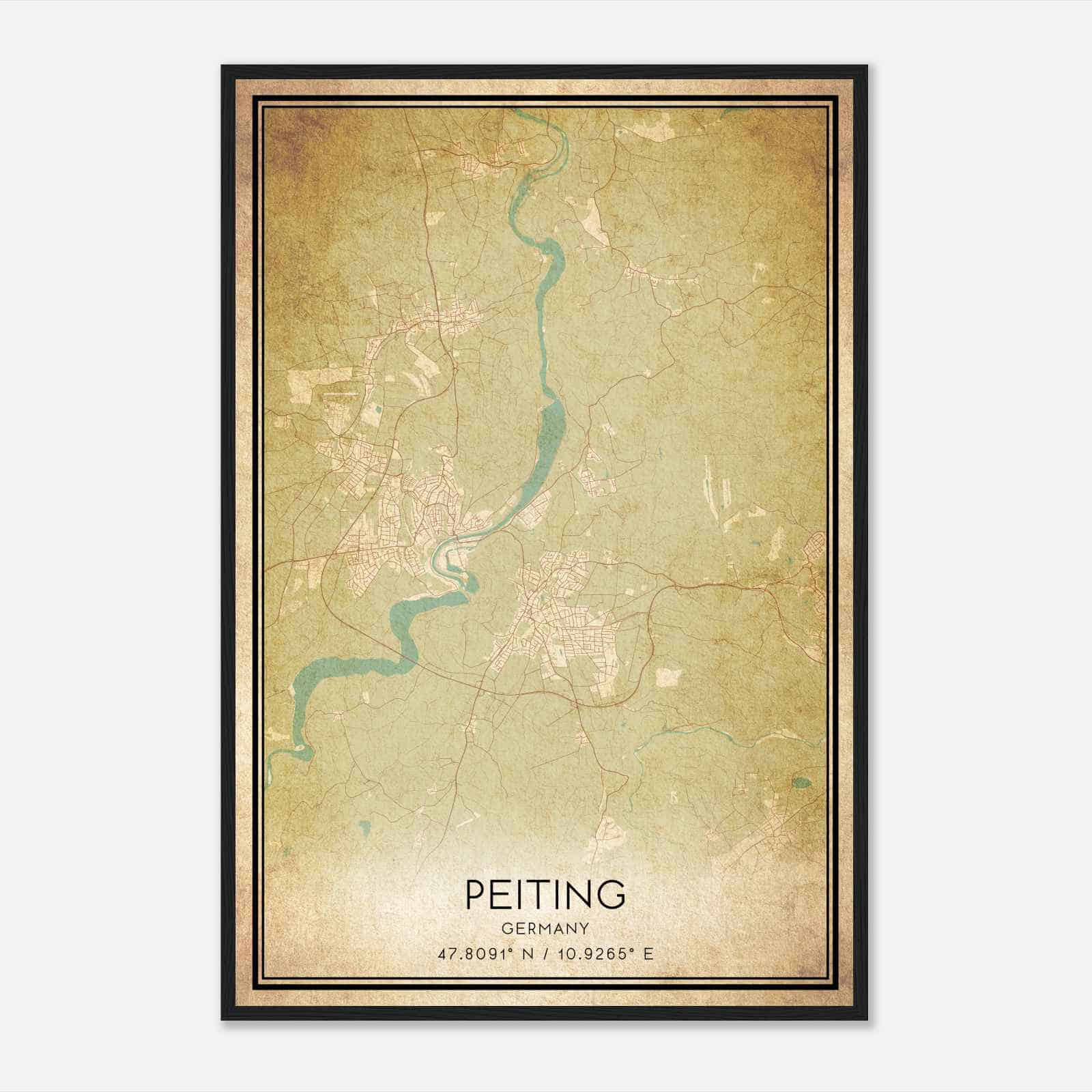 Vintage Peiting Germany Map Poster, Peiting City Road Wall Art Print