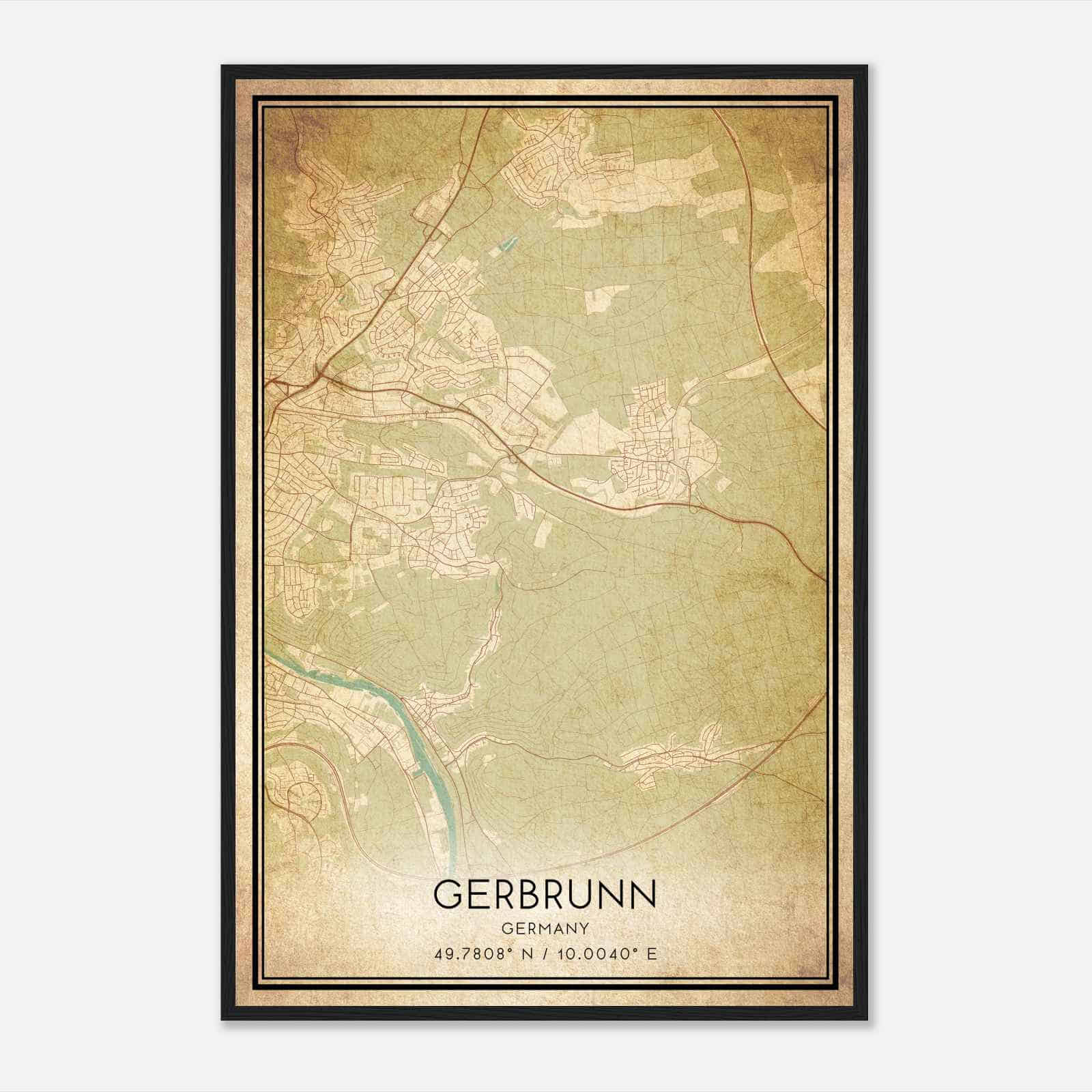 Vintage Gerbrunn Germany Map Poster, Gerbrunn City Road Wall Art Print