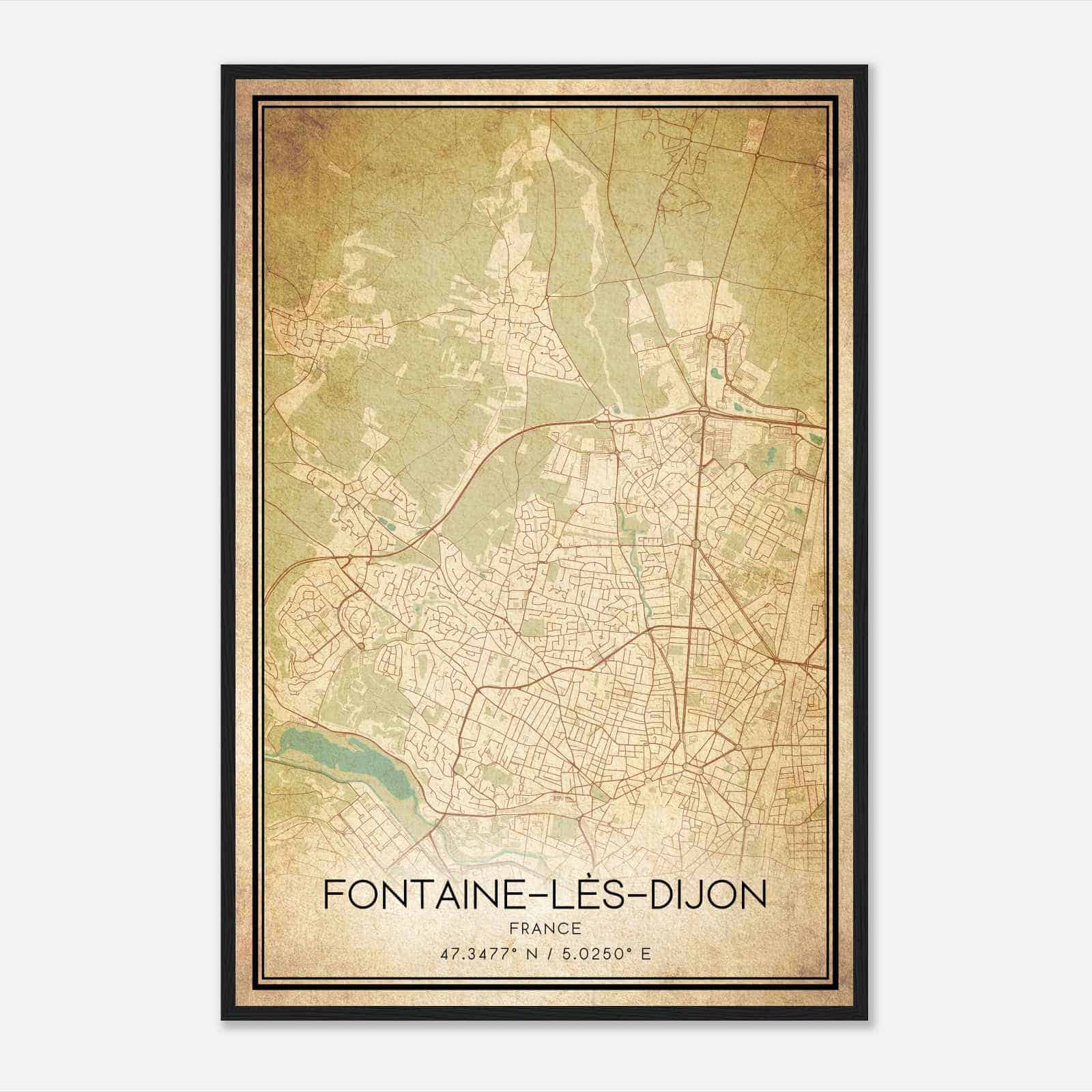 Vintage Fontaine-les-Dijon France Map Poster, Fontaine-les-Dijon City Road Wall Art Print