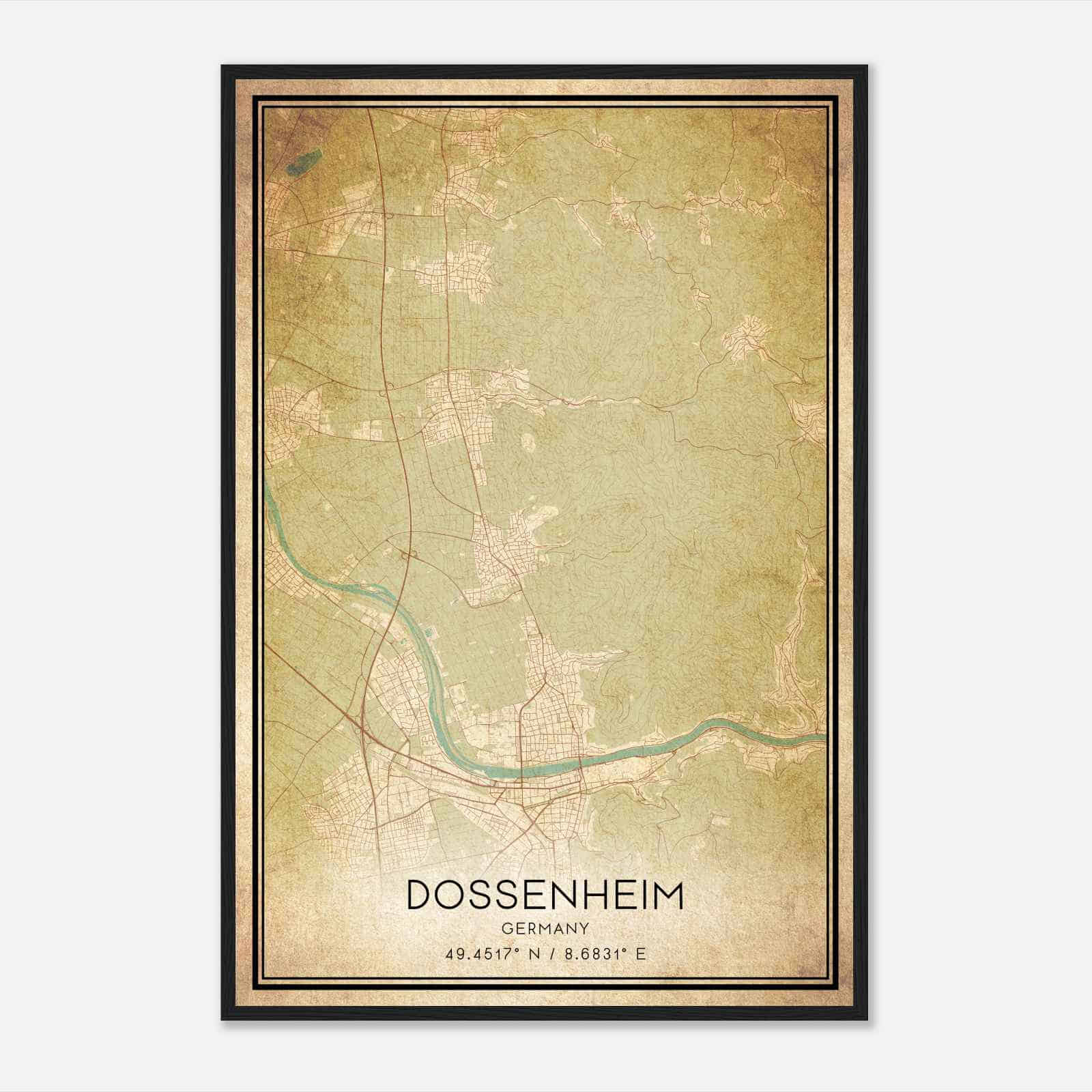 Vintage Dossenheim Germany Map Poster, Dossenheim City Road Wall Art Print