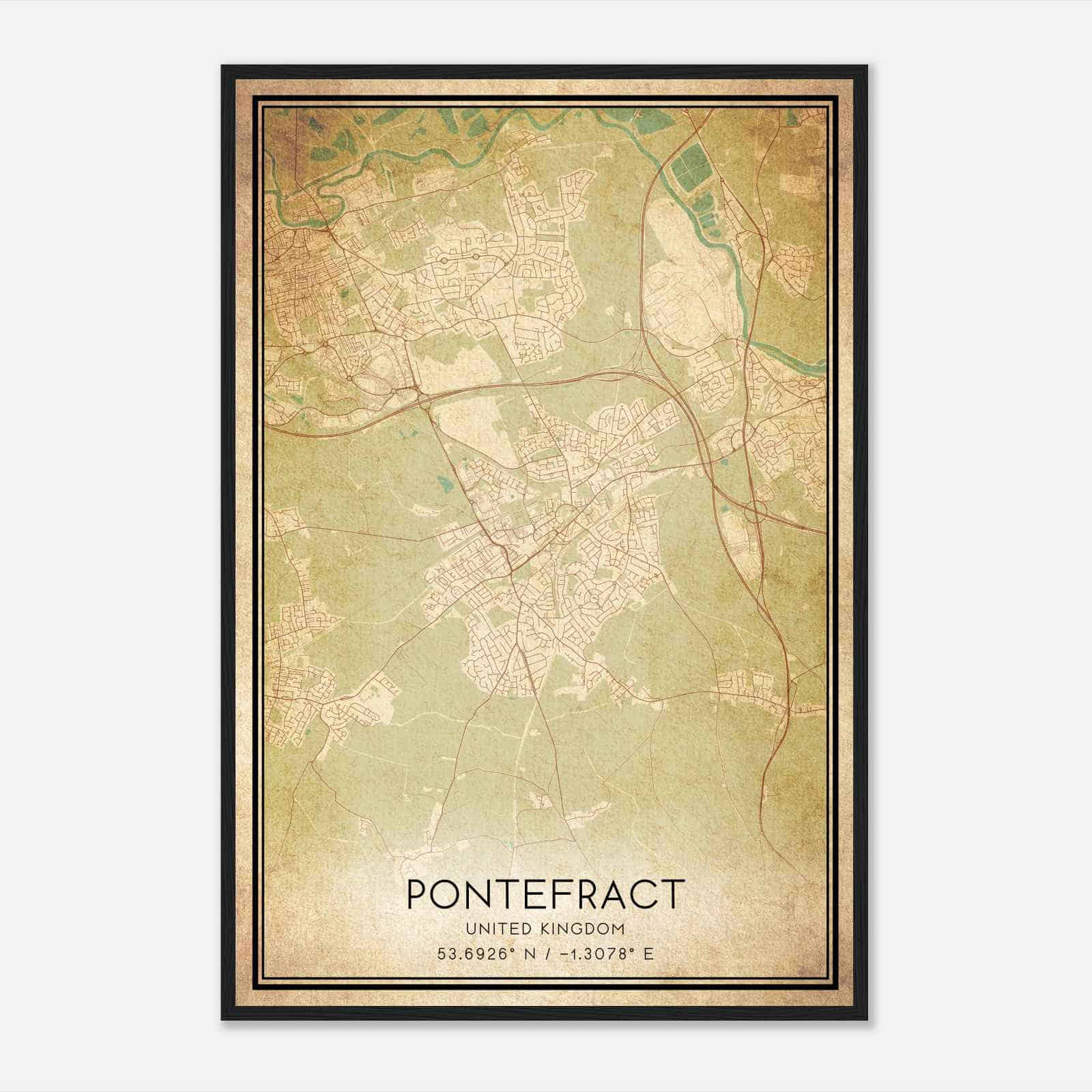 Vintage Pontefract United Kingdom Map Poster, Pontefract City Road Wall Art Print