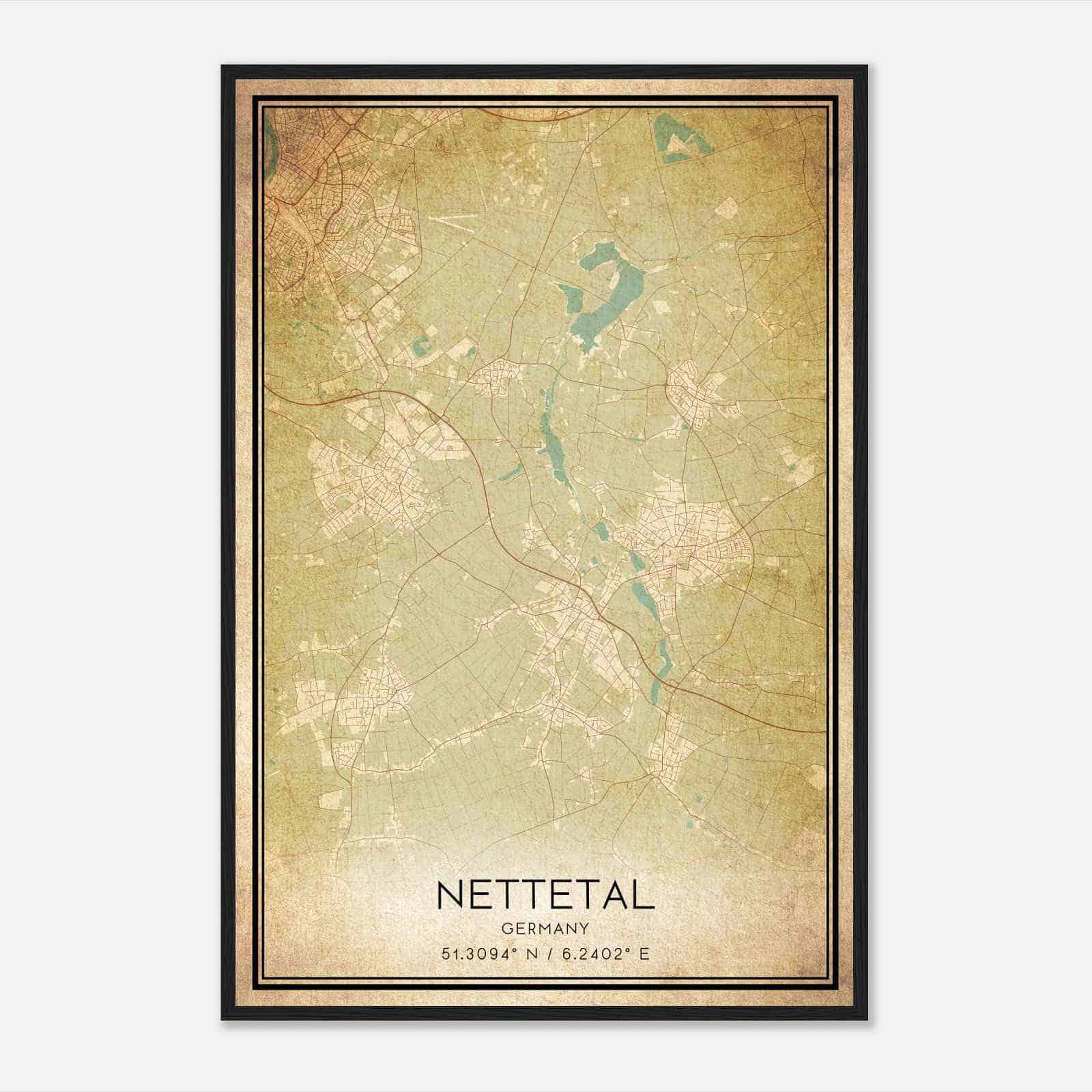 Vintage Nettetal Germany Map Poster, Nettetal City Road Wall Art Print