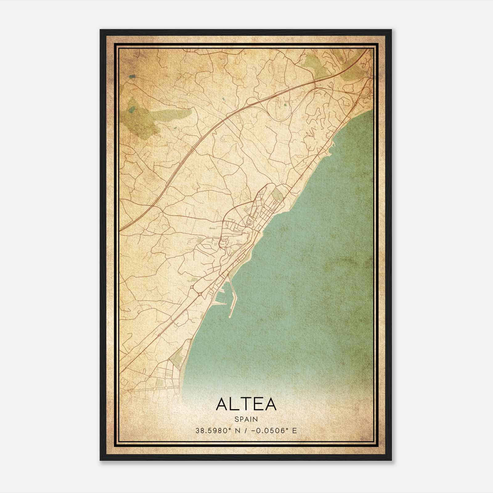 Vintage Altea Spain Map Poster, Altea City Road Wall Art Print