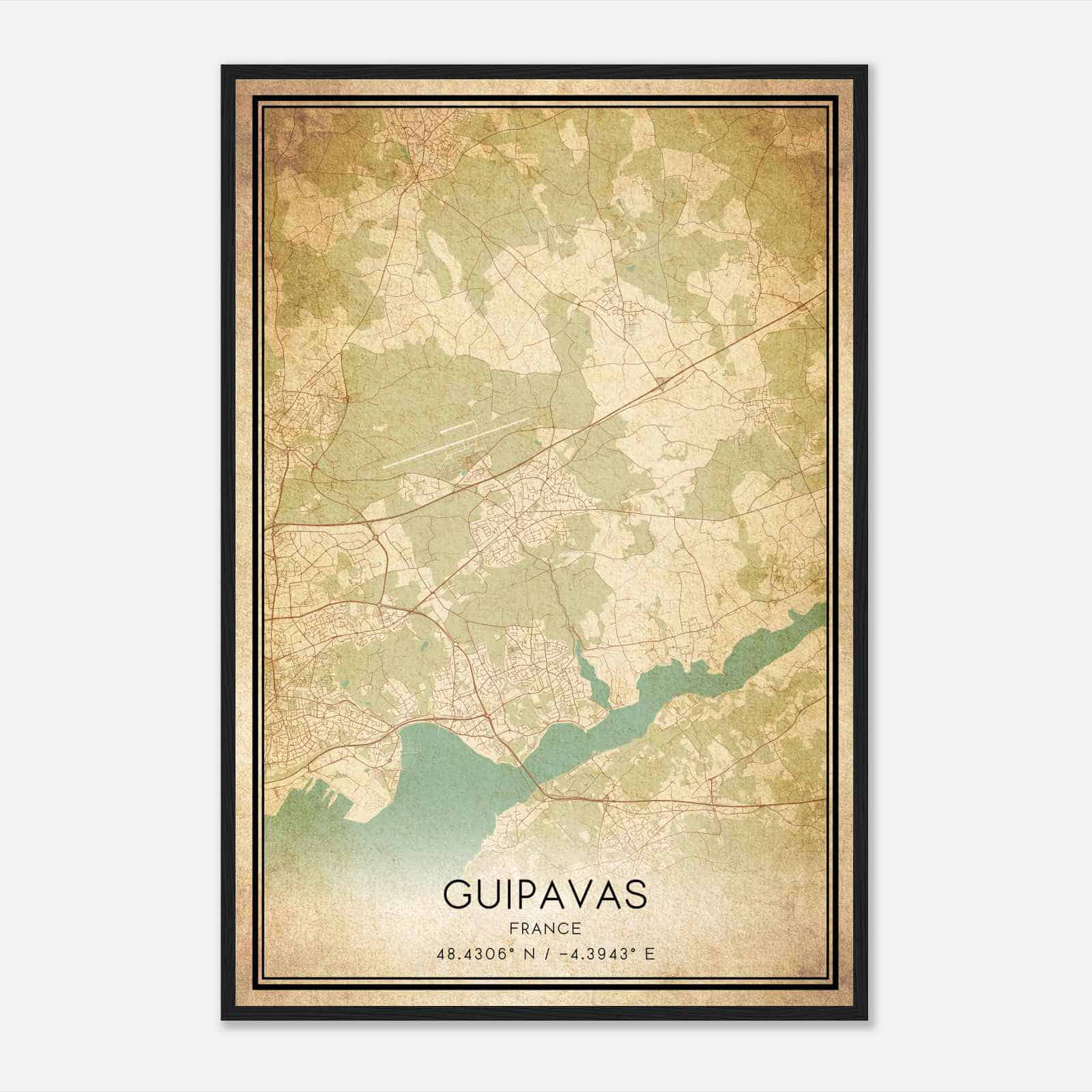 Vintage Guipavas France Map Poster, Guipavas City Road Wall Art Print