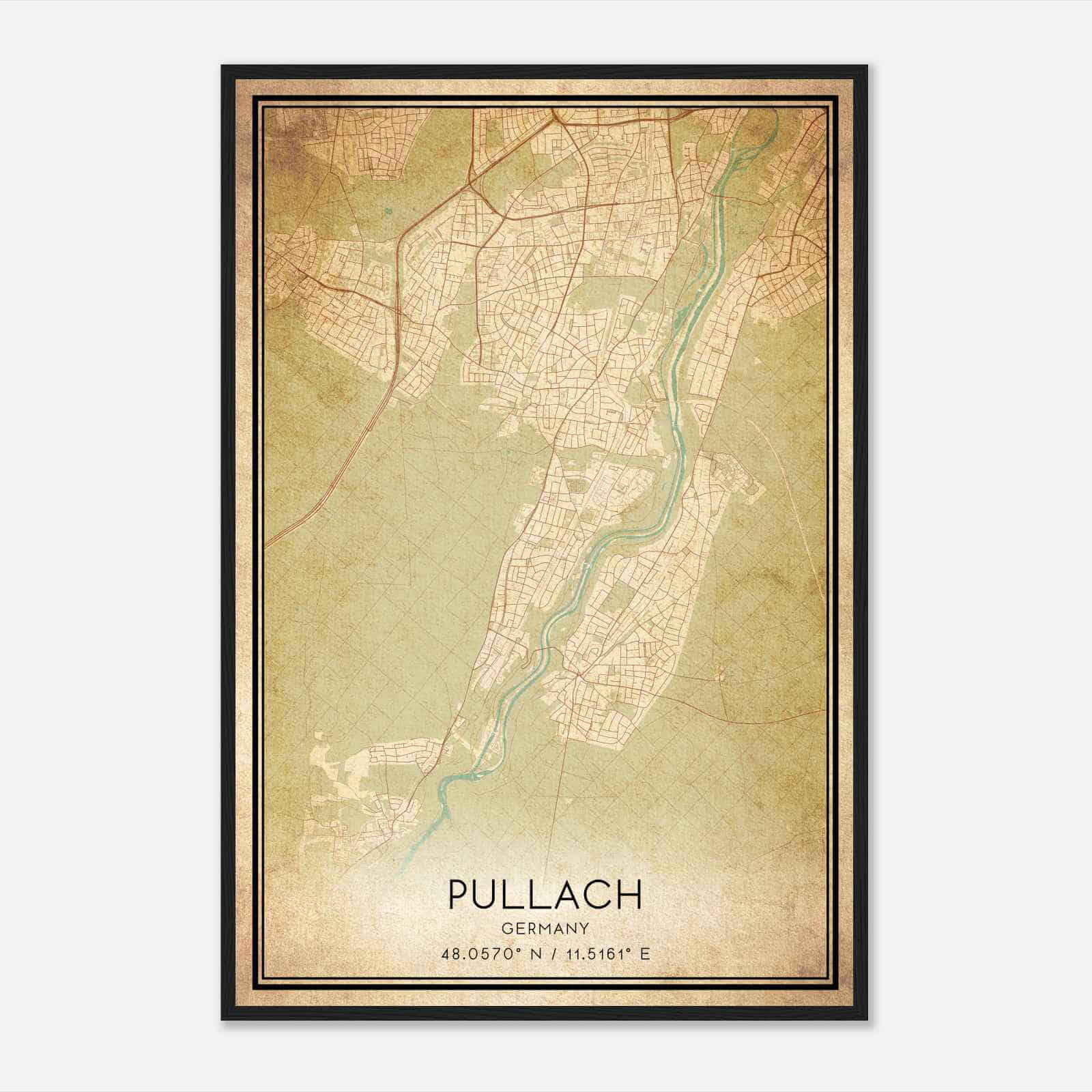 Vintage Pullach im Isartal Germany Map Poster, Pullach im Isartal City Road Wall Art Print
