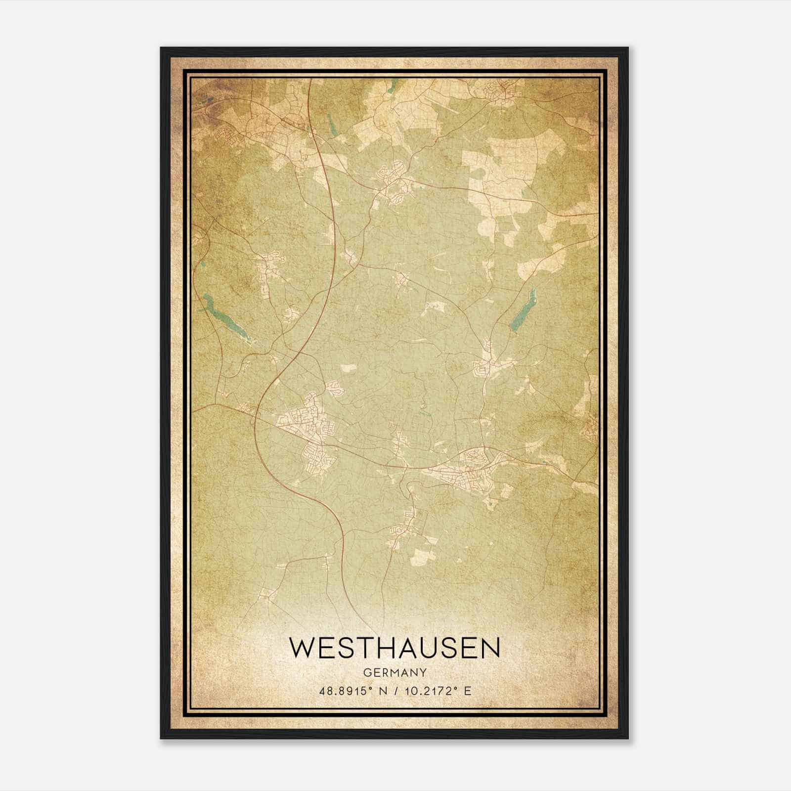 Vintage Westhausen Germany Map Poster, Westhausen City Road Wall Art Print