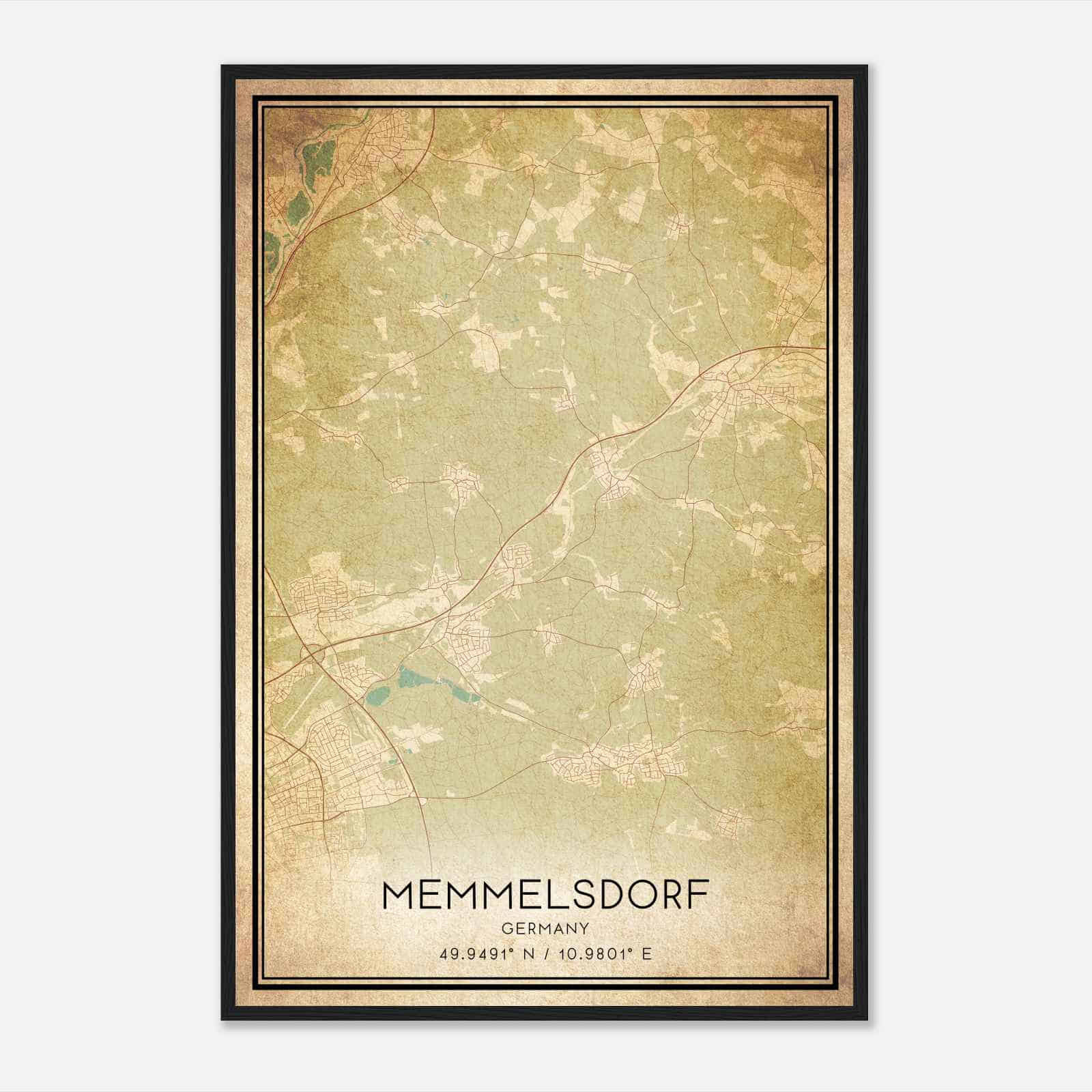 Vintage Memmelsdorf Germany Map Poster, Memmelsdorf City Road Wall Art Print