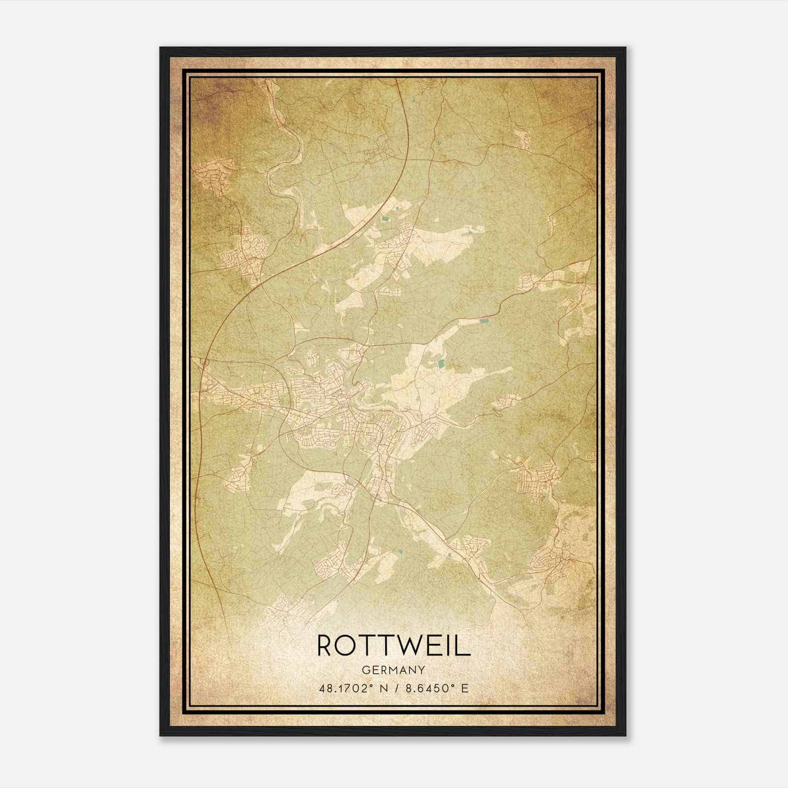 Vintage Rottweil Germany Map Poster, Rottweil City Road Wall Art Print