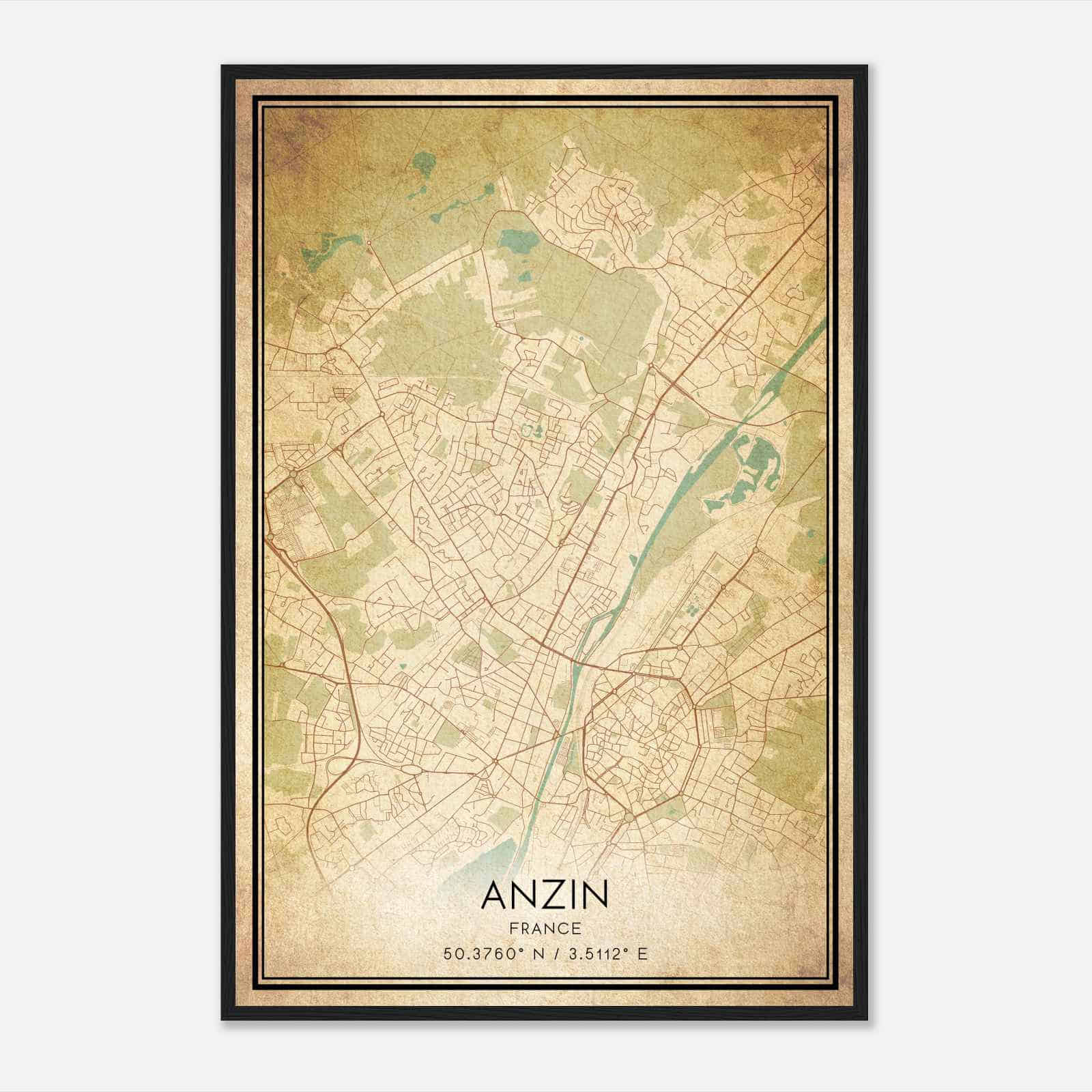 Vintage Anzin France Map Poster, Anzin City Road Wall Art Print