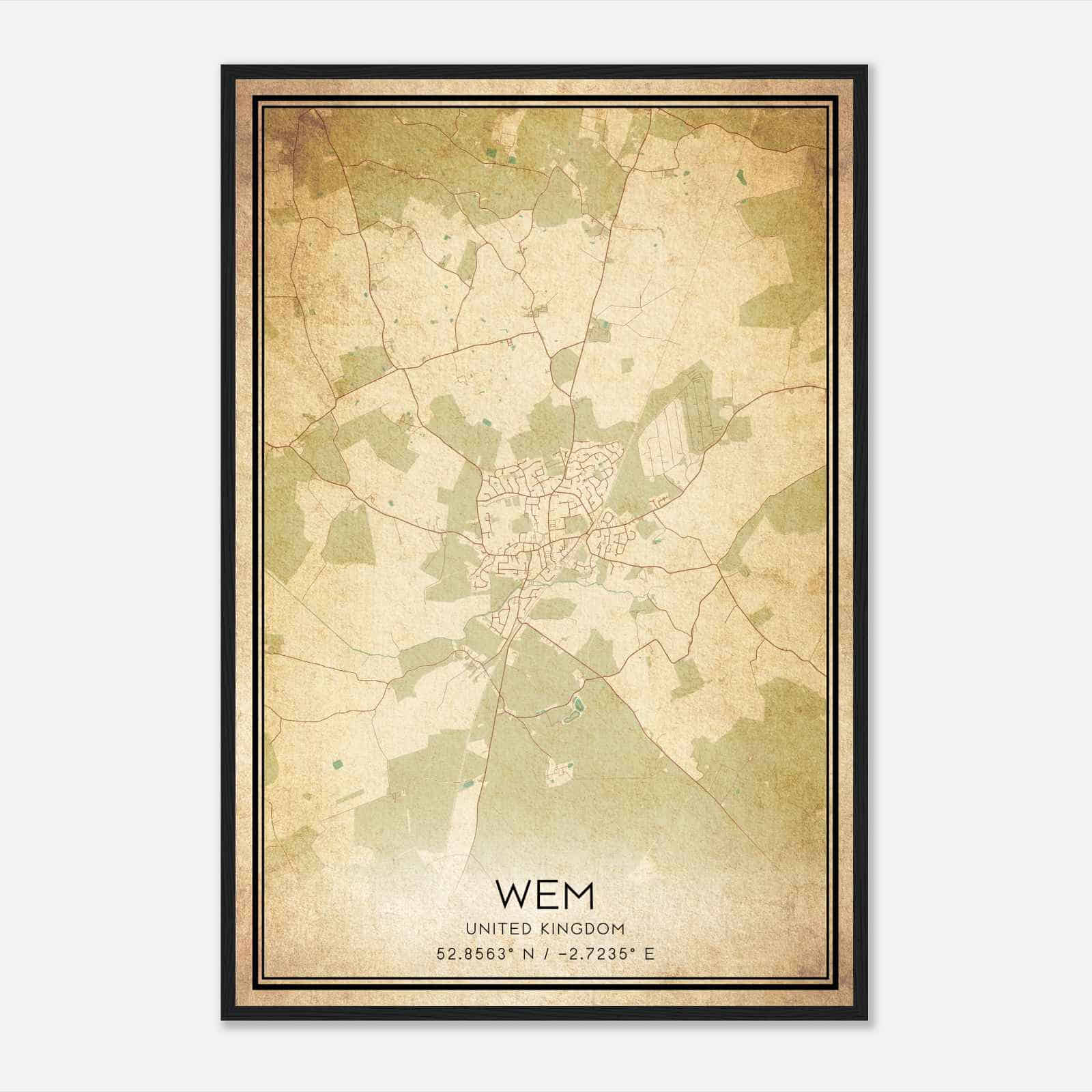 Vintage Wem United Kingdom Map Poster, Wem City Road Wall Art Print