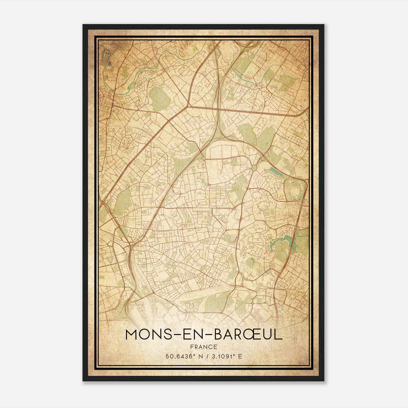 Vintage Mons-en-Baroeul France Map Poster, Mons-en-Baroeul City Road Wall Art Print