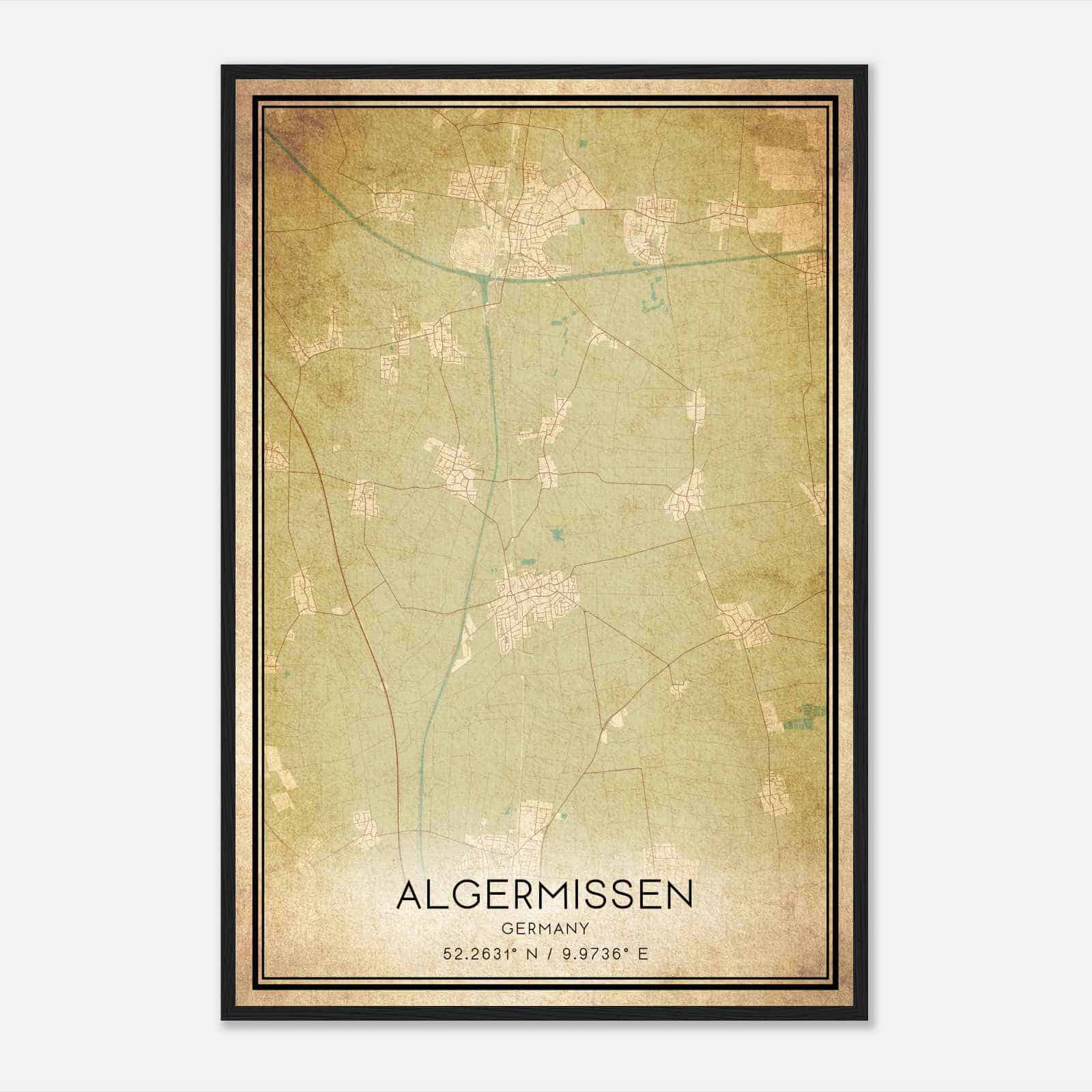 Vintage Algermissen Germany Map Poster, Algermissen City Road Wall Art Print