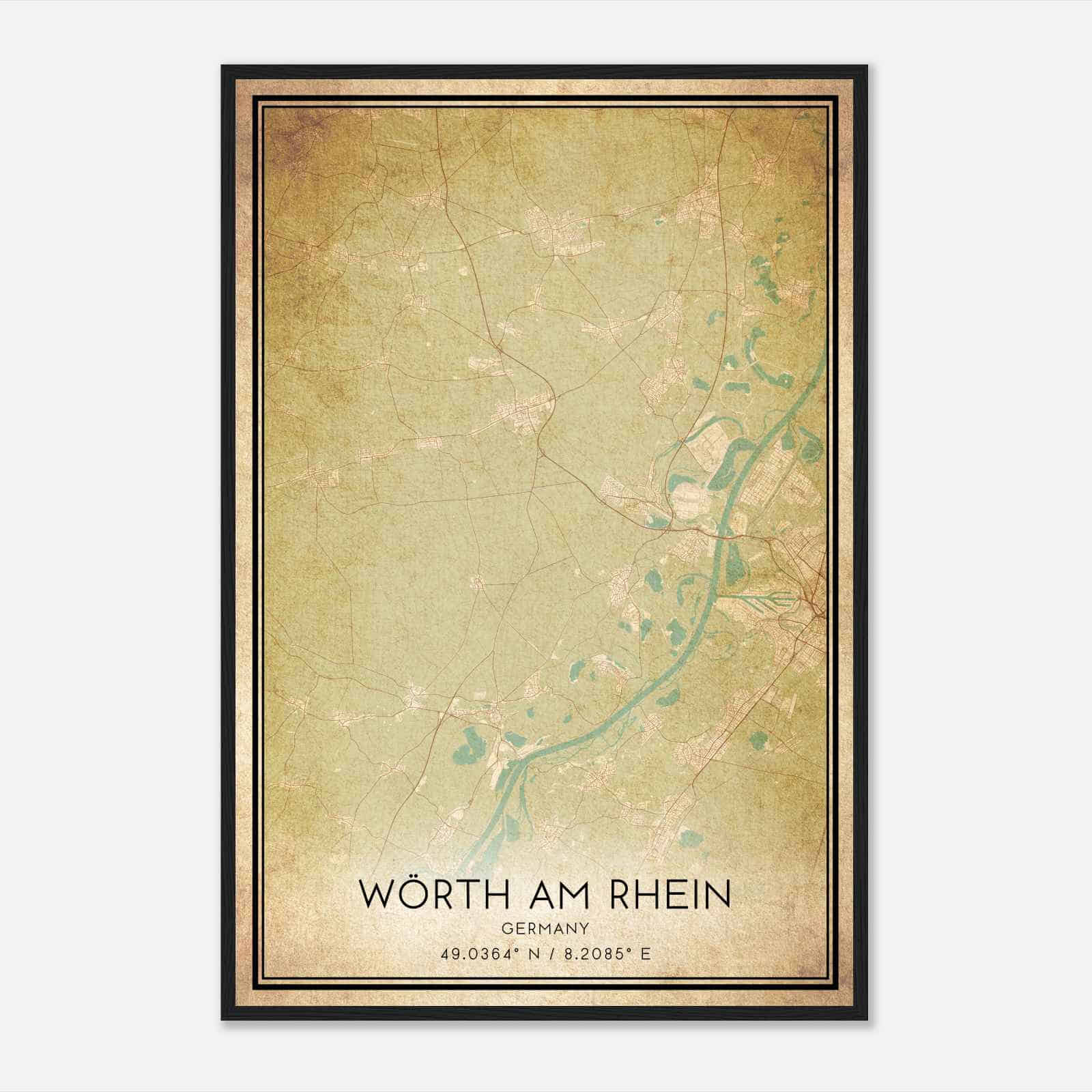 Vintage Worth am Rhein Germany Map Poster, Worth am Rhein City Road Wall Art Print