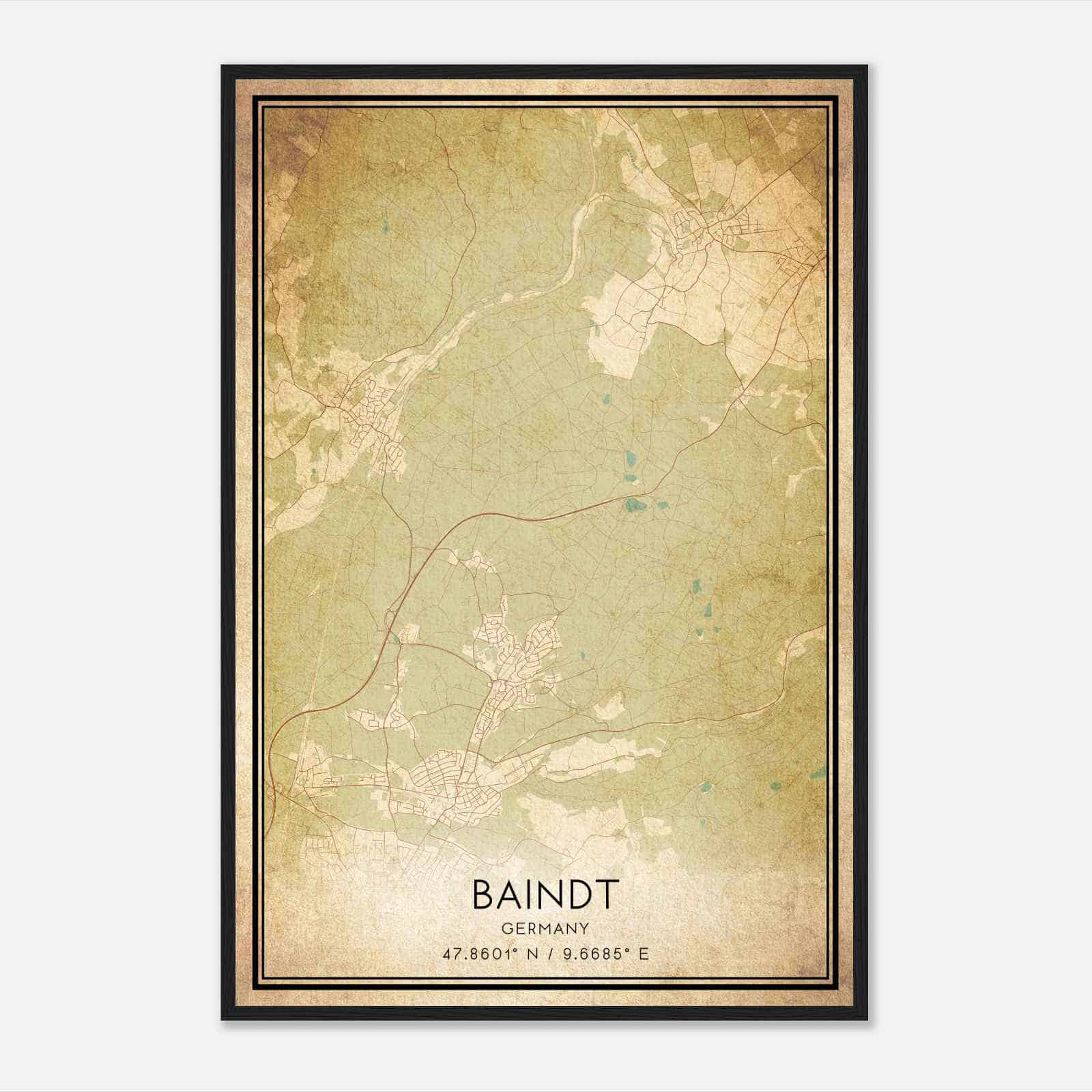 Vintage Baindt Germany Map Poster, Baindt City Road Wall Art Print