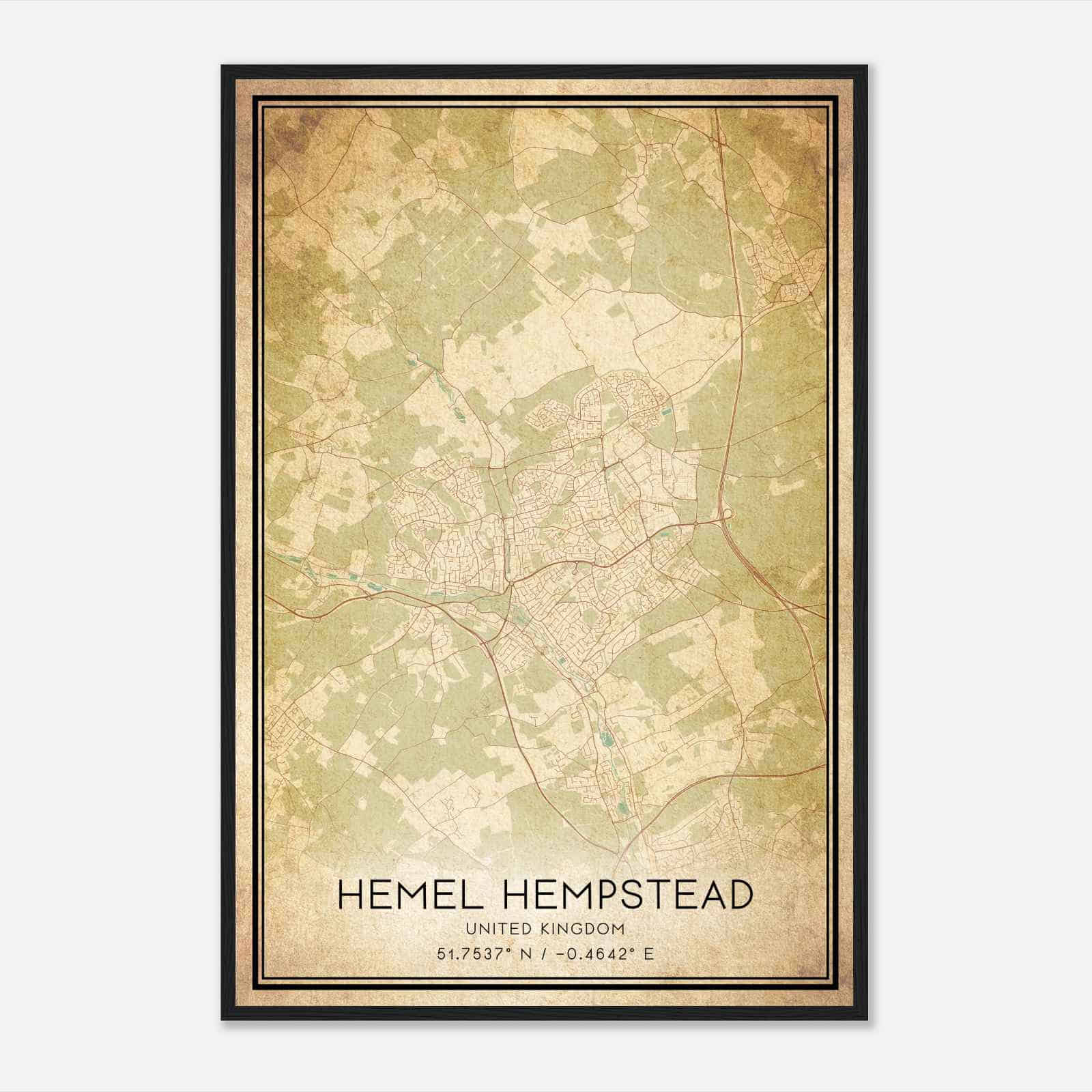 Vintage Hemel Hempstead United Kingdom Map Poster, Hemel Hempstead City Road Wall Art Print