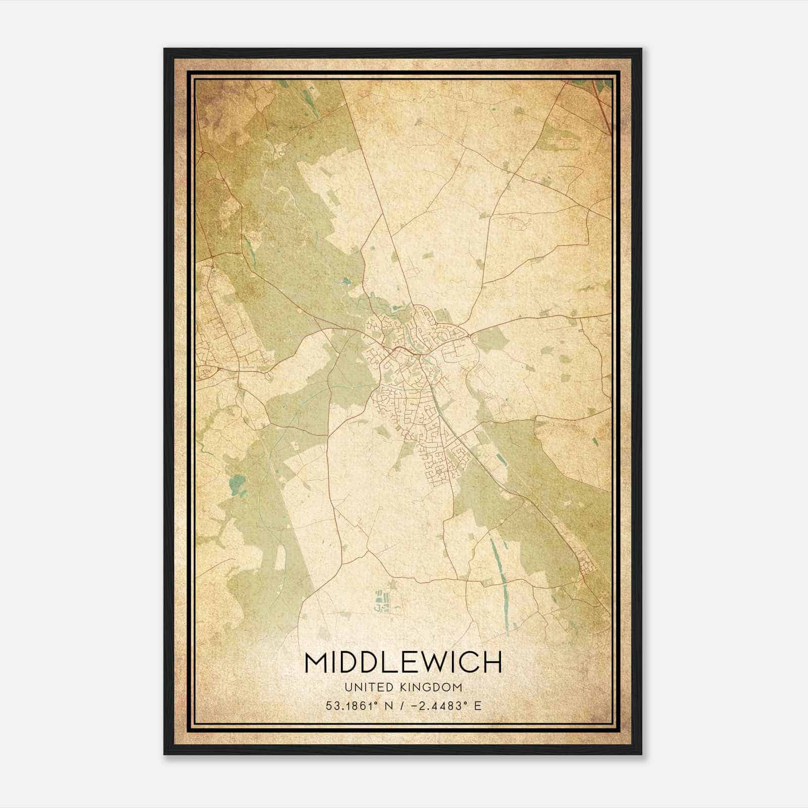 Vintage Middlewich United Kingdom Map Poster, Middlewich City Road Wall Art Print