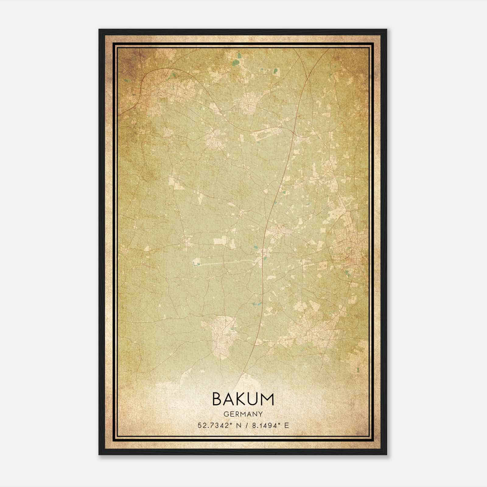 Vintage Bakum Germany Map Poster, Bakum City Road Wall Art Print