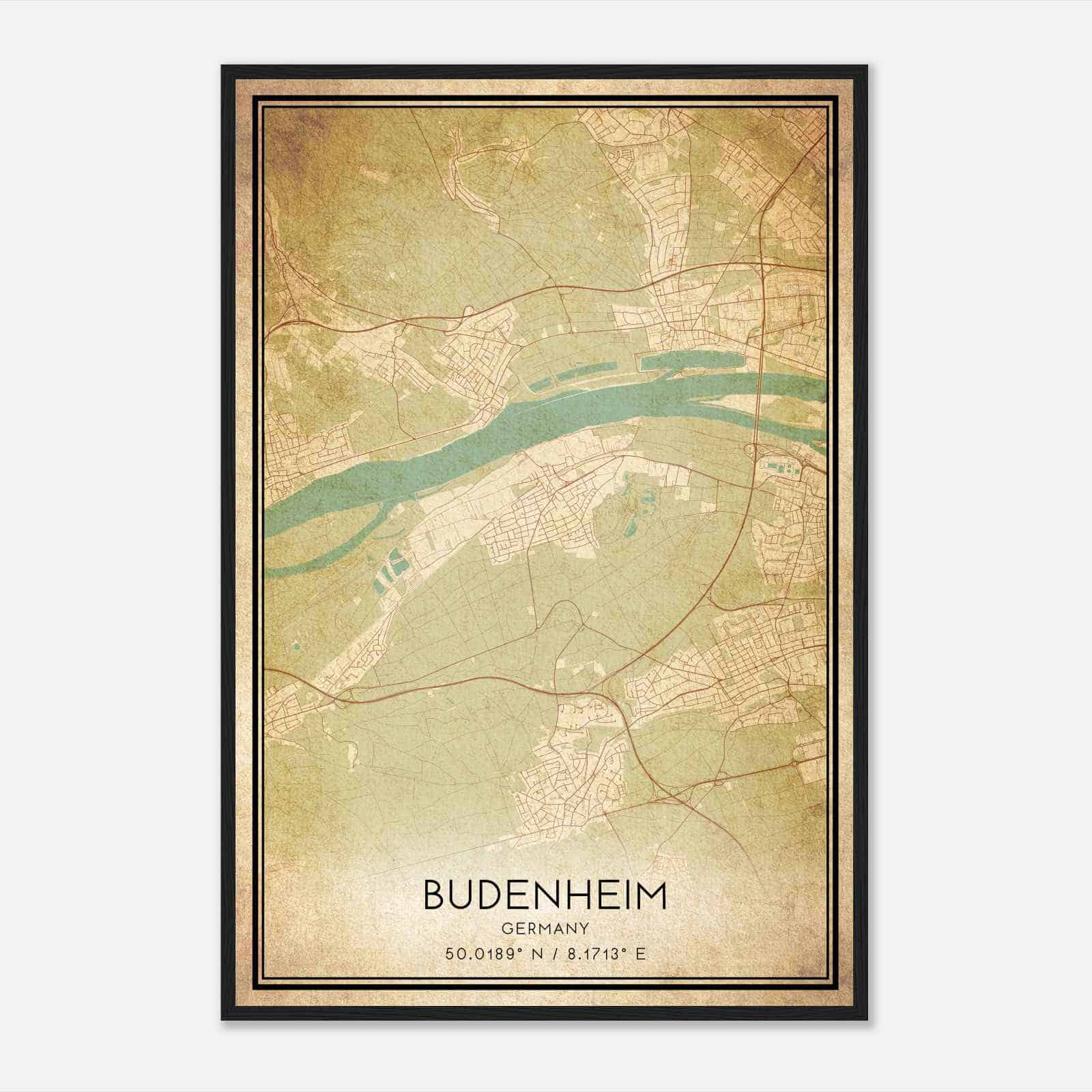 Vintage Budenheim Germany Map Poster, Budenheim City Road Wall Art Print
