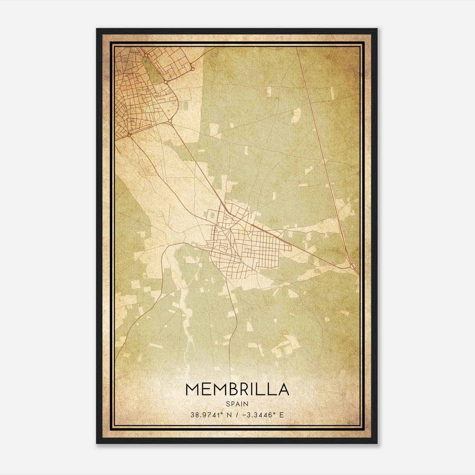 Vintage Membrilla Spain Map Poster, Membrilla City Road Wall Art Print
